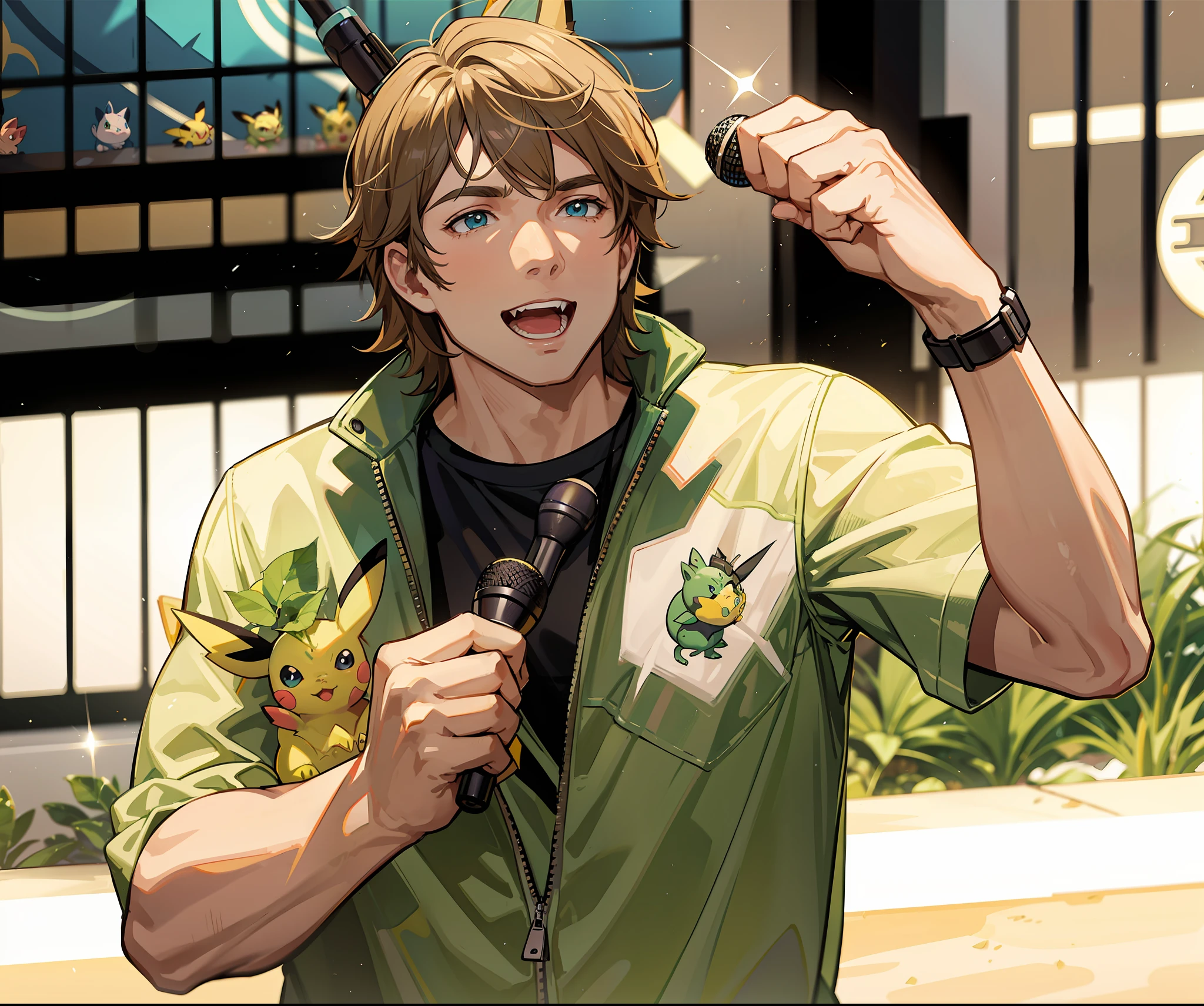 Steve irwin holding a microphone speaking to a crowd, Pikachu, Vaporeon, Jolteon and Bulbasaur are on his shoulders, in a Pokemon Gym