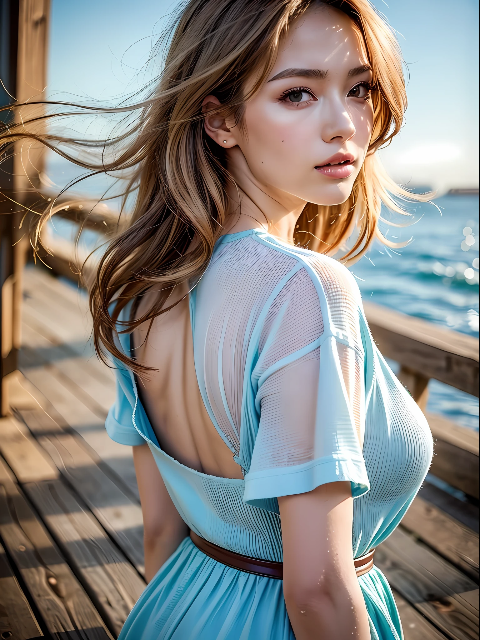 (8k, Best Quality, Masterpiece:1.2),(hair_style) ,(Realistic, Photorealistic:1.37), Best Quality, Masterpiece, Shot on wooden deck with sky and sea view in summer sunshine, [Small breasts], Backlight, Camera angle from waist up, Angle from behind, Pose with hair up with hands, Shot in natural light from morning to noon, Hairstyle and fashion style according to the Japan trend of 2023, realistic, lifelike, super detailed, beautiful face, 30s, actress, half Japan and half Russian, elaborate CG, slender, cute, mature, hairstyle is a short bob cut that matches the fashion of Japan in 2023 and hair fluttering in the wind, delicate skin type, fine details and softness of hair, The model's hair color is slightly bright and soft, and for glossy makeup and fashion style, choose an oversized T-shirt that matches the summer trend of 2023 and combine it with light pastel colors for a casual look.