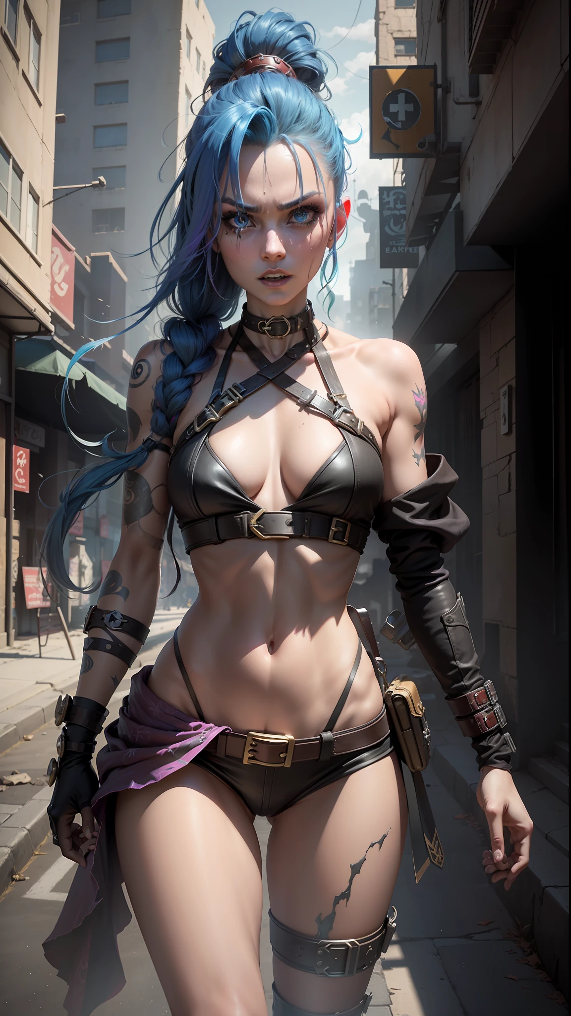 ((Best quality)), ((masterpiece)), (highly detailed:1.3), 3D, arcane style,In the dark and courageous dystopian city of Piltover, plagued by  and divided into two opposing factions, a young prodigy named Jinx emerges. Having endured unimaginable loss and abandonment, she embraced a life of chaos and destruction. Known for her inventive and explosive abilities, Jinx becomes an icon of rebellion against the oppressive forces that control the city. However, haunted by guilt and battling inner demons, she must confront her past and decide whether to continue on the path of anarchy or seek redemption amid the turmoil. Explore Jinx's journey as she navigates a treacherous world, fighting for survival, unlocking secrets, and discovering the true meaning of her twisted existence, chaos reigns supreme, and at the center of it all is Jinx, the embodiment of unpredictability. Delve deep into Jinx's twisted mind, exploring the origins of his madness and the driving force behind his destructive nature. Unravel the moments that shaped her into the crazed, iconic character we know. Take us on a wild journey through the vibrant streets of Piltover and the shadowy suburb of Zaun as Jinx wreaks havoc with his explosive arsenal. Can redemption find its way into Jinx's fractured soul? Or will she dance forever on the edge of sanity, embracing the chaos that fuels her very existence? Arcane's fate hangs in the balance as Jinx's path intertwines with unlikely allies and formidable enemies. Ignite your imagination and paint a vivid portrait of Jinx's distorted psyche, capturing the essence of her madness and the indomitable spirit that defines it, HDR (High Dynamic Range), Ray Tracing, NVIDIA RTX, Super-Resolution, Unreal 5, Subsurface Scattering, PBR Texturing, Post-processing, Anisotropic Filtering, Depth of Field, Maximum Clarity and Sharpness, Multit Textures