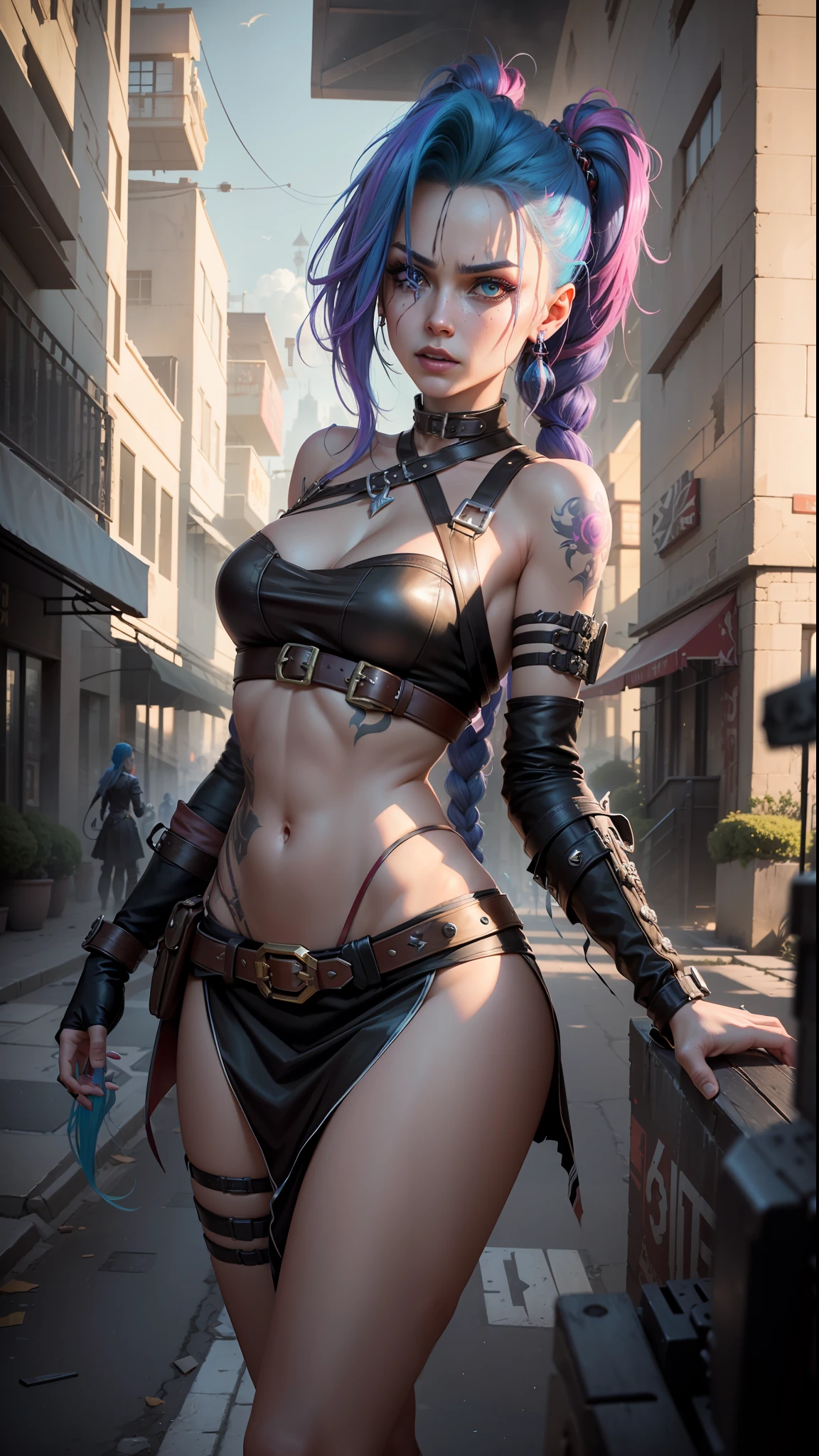 ((Best quality)), ((masterpiece)), (highly detailed:1.3), 3D, arcane style,In the dark and courageous dystopian city of Piltover, plagued by violence and divided into two opposing factions, a young prodigy named Jinx emerges. Having endured unimaginable loss and abandonment, she embraced a life of chaos and destruction. Known for her inventive and explosive abilities, Jinx becomes an icon of rebellion against the oppressive forces that control the city. However, haunted by guilt and battling inner demons, she must confront her past and decide whether to continue on the path of anarchy or seek redemption amid the turmoil. Explore Jinx's journey as she navigates a treacherous world, fighting for survival, unlocking secrets, and discovering the true meaning of her twisted existence, chaos reigns supreme, and at the center of it all is Jinx, the embodiment of unpredictability. Delve deep into Jinx's twisted mind, exploring the origins of his madness and the driving force behind his destructive nature. Unravel the moments that shaped her into the crazed, iconic character we know. Take us on a wild journey through the vibrant streets of Piltover and the shadowy suburb of Zaun as Jinx wreaks havoc with his explosive arsenal. Can redemption find its way into Jinx's fractured soul? Or will she dance forever on the edge of sanity, embracing the chaos that fuels her very existence? Arcane's fate hangs in the balance as Jinx's path intertwines with unlikely allies and formidable enemies. Ignite your imagination and paint a vivid portrait of Jinx's distorted psyche, capturing the essence of her madness and the indomitable spirit that defines it, HDR (High Dynamic Range), Ray Tracing, NVIDIA RTX, Super-Resolution, Unreal 5, Subsurface Scattering, PBR Texturing, Post-processing, Anisotropic Filtering, Depth of Field, Maximum Clarity and Sharpness, Multit Textures