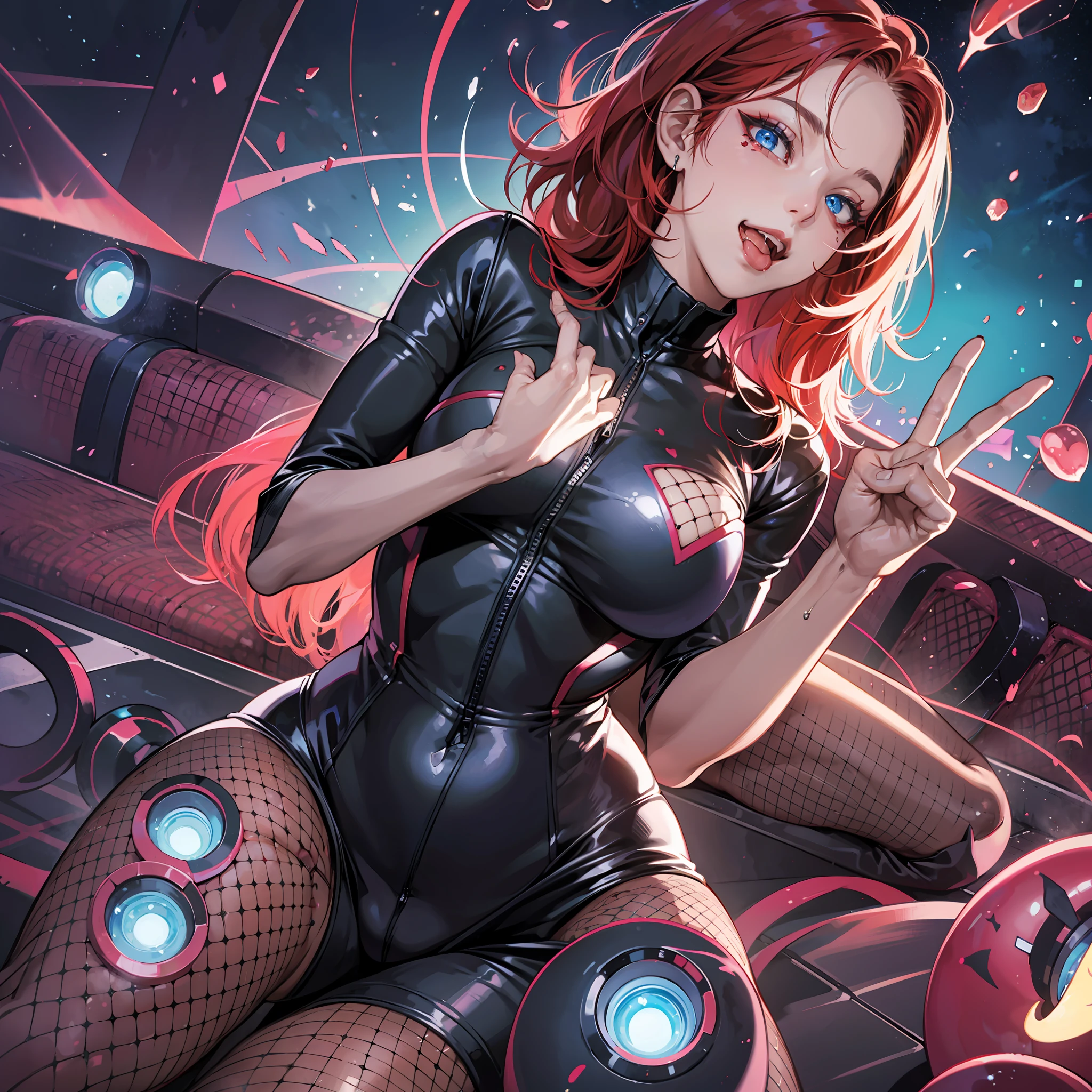 Succubus, dark skin, glowing womb tattoo, fishnet bodysuit, ahegao face, saliva dripping, peace sign with both hands, on knees, looking excited I to camera, red hair, blue eyes, masterpiece, ultrarealistic anime art style --auto --s2