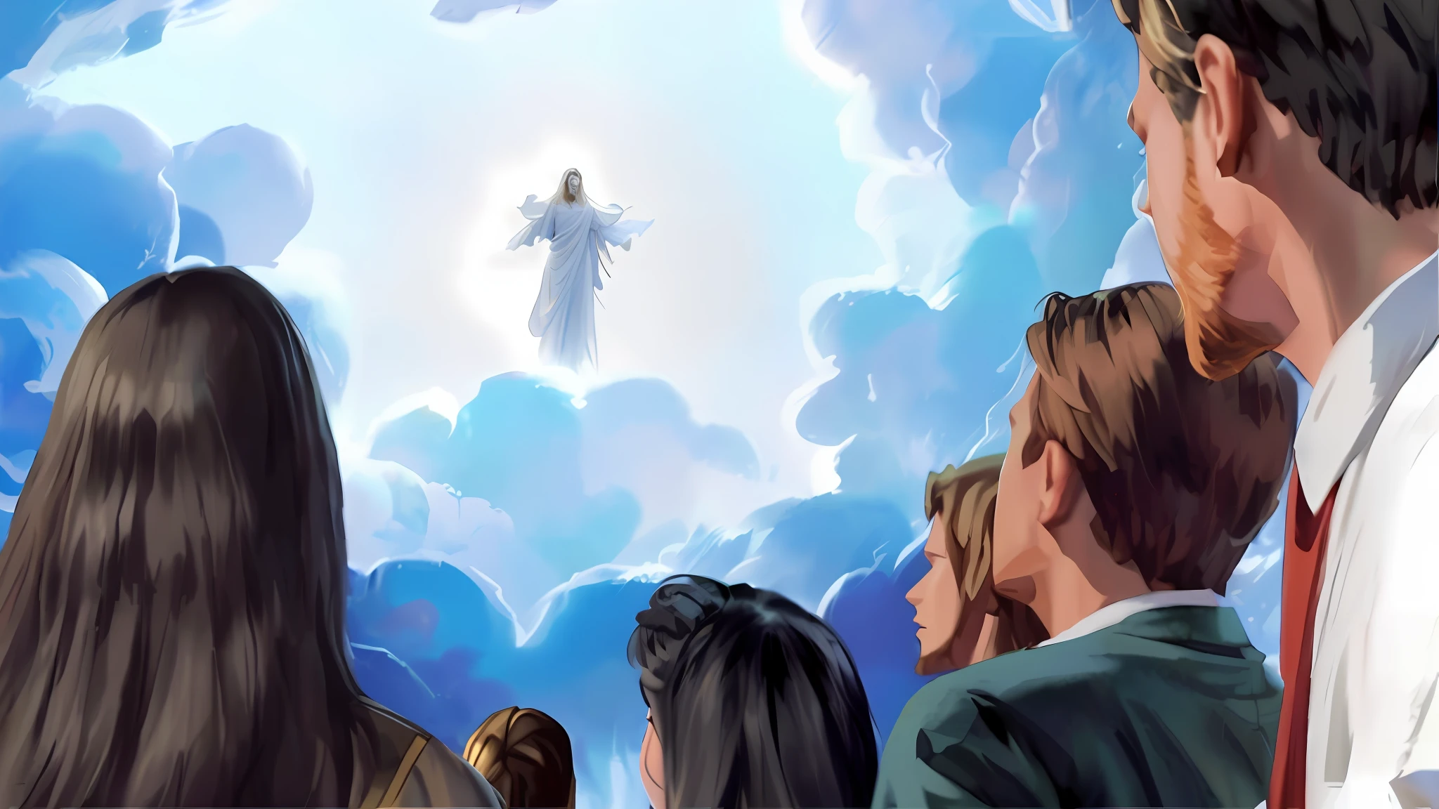 jesus second coming (extremely detailed CG unit 8k wallpaper, masterpiece, best quality, ultra-detailed), (better lighting, better shadow, an extremely delicate and beautiful color scheme), white-gold color scheme, [(dynamic angle,((1image)),dramatic lighting,darkness,(Jesus),white shroud, holy glow): : 1.0]
