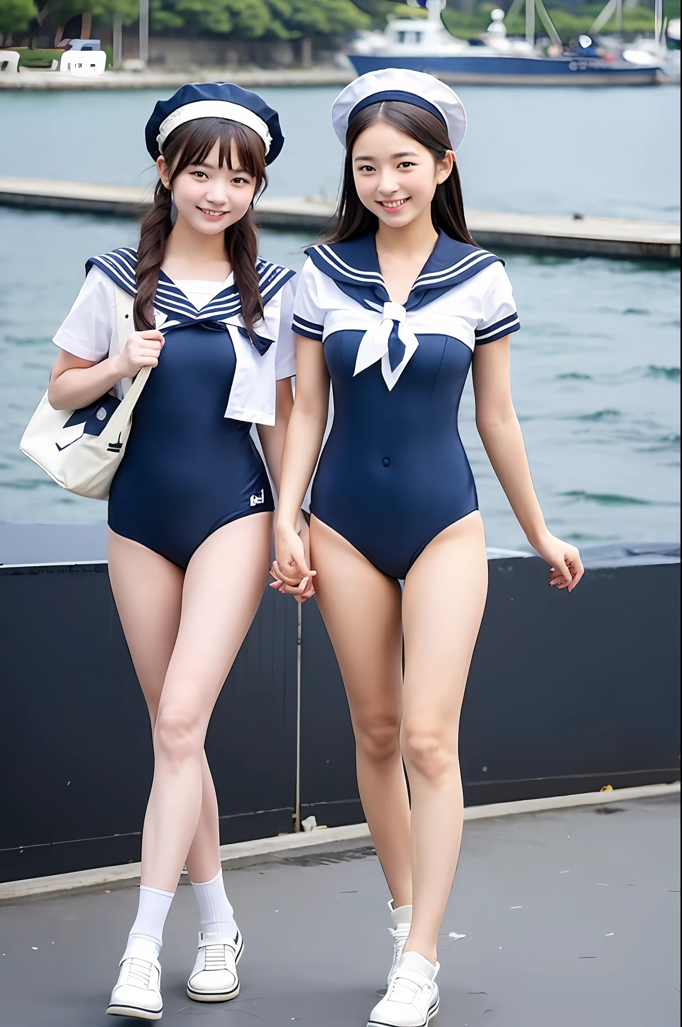 ((Girl in navy blue high-leg school swimsuit and sailor suit top)),Teen,Smiling,((Boy in white sailor uniform)),Two people walking with student bags,Sunny Japan harbor,[sailor hat]