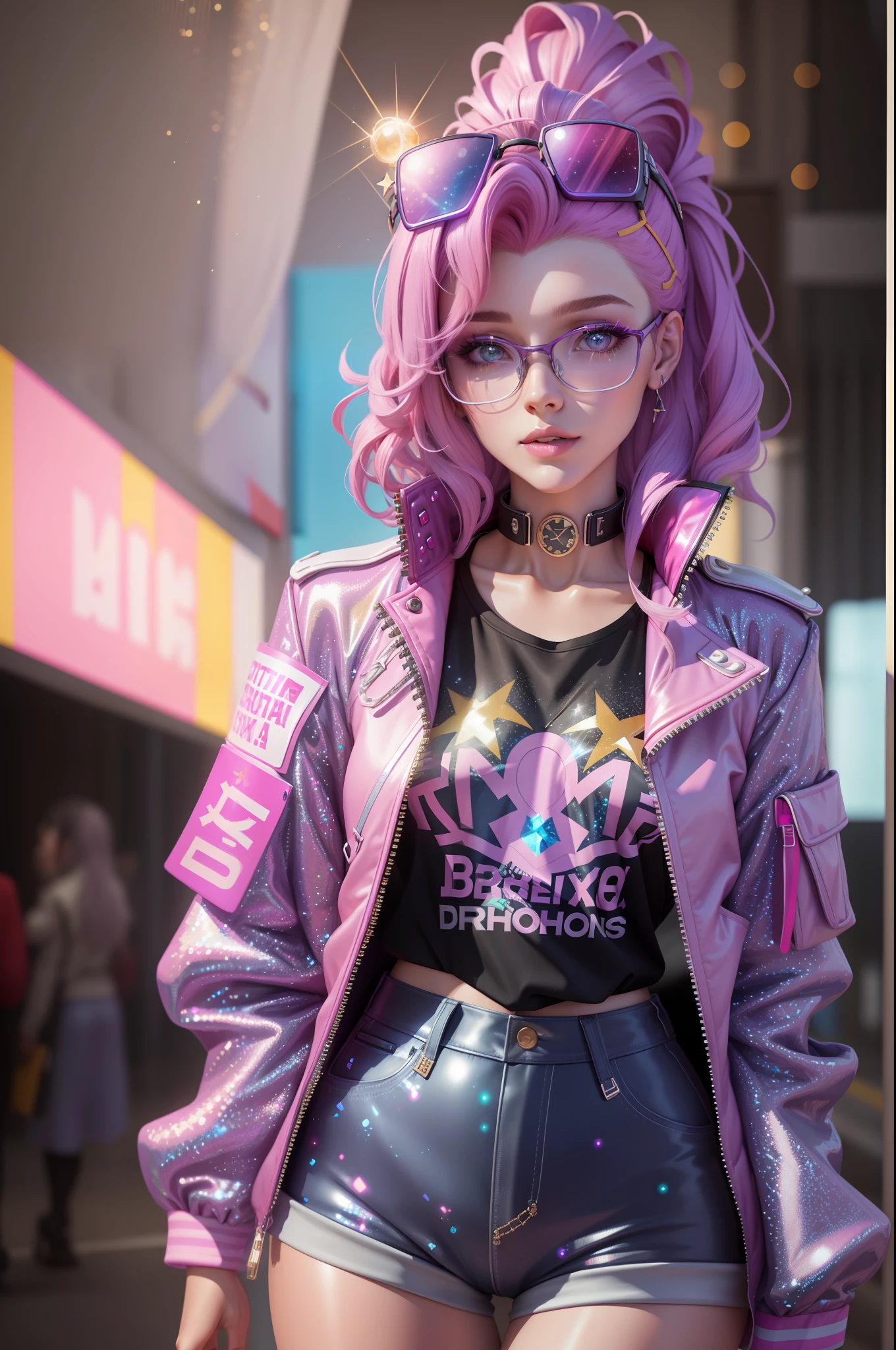 xyzseraphine, 1girl, 3d render, multi-colored hair, trendy clothing, sparkles, sprinkles, jacket, eyewear