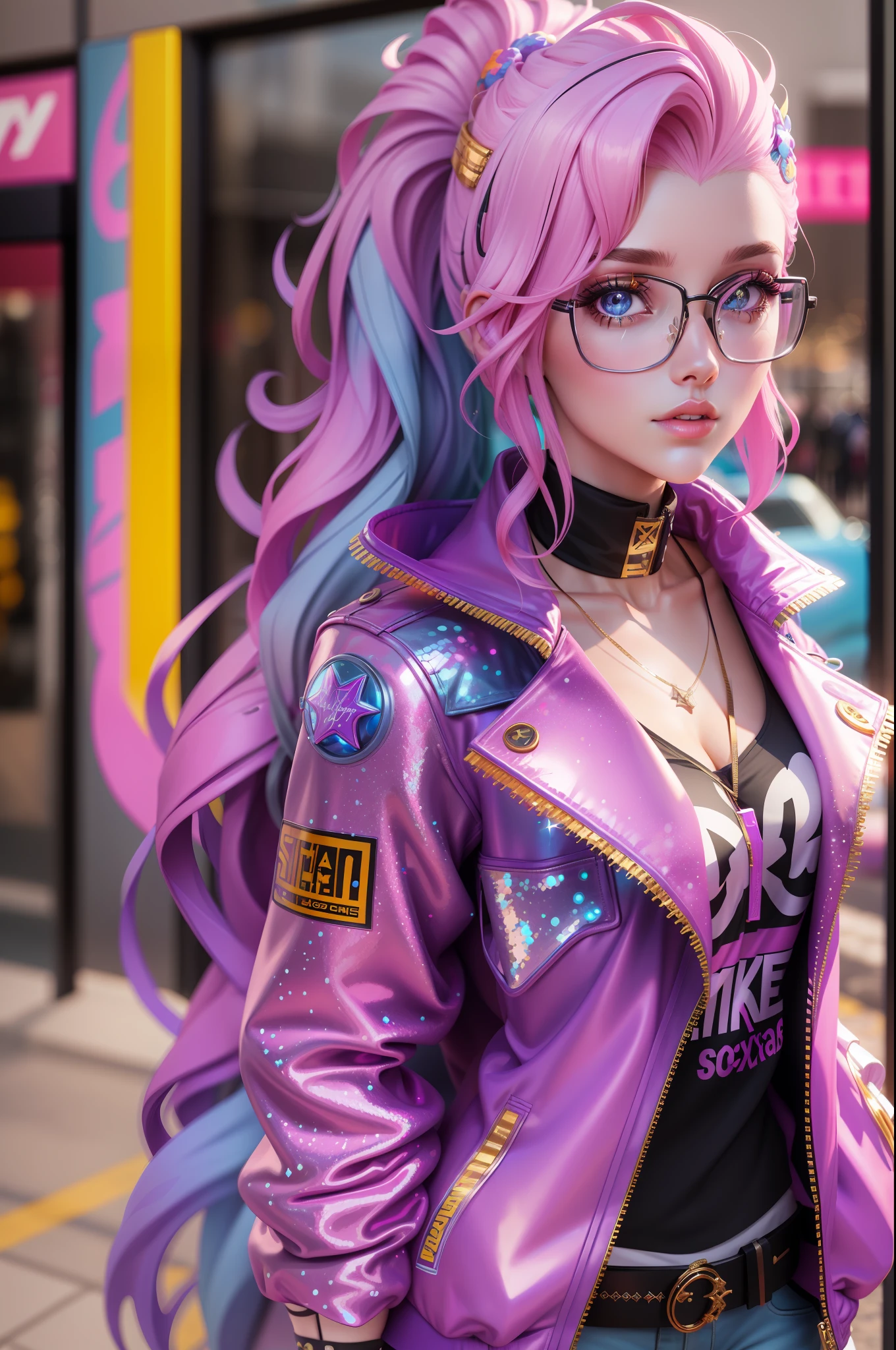 xyzseraphine, 1girl, 3d render, multi-colored hair, trendy clothing, sparkles, sprinkles, jacket, eyewear