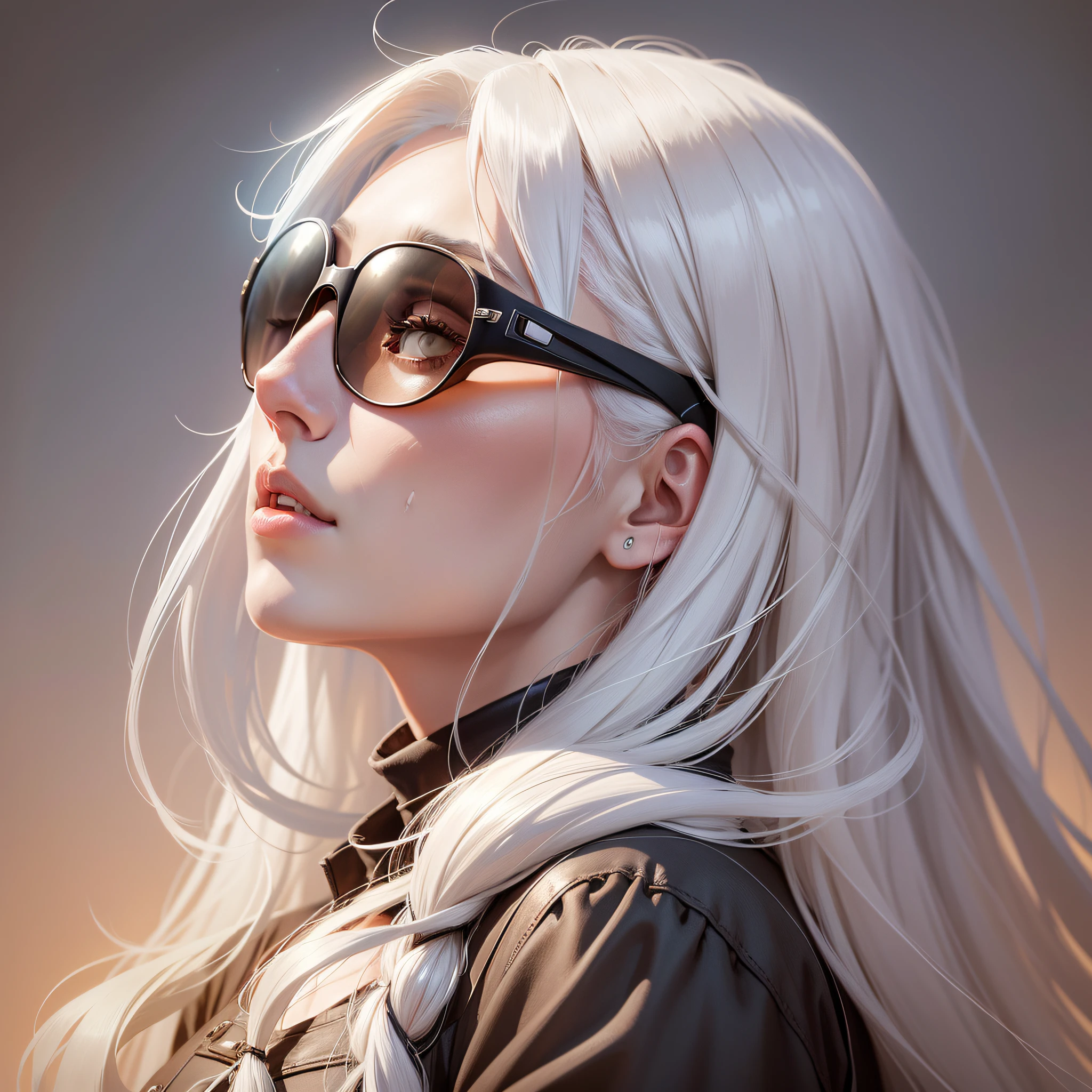 A woman, with long white hair, wears a sunglasses, kiss mark on the cheek, has blackouts on her arms, the environment is a desert, realistic drawing style