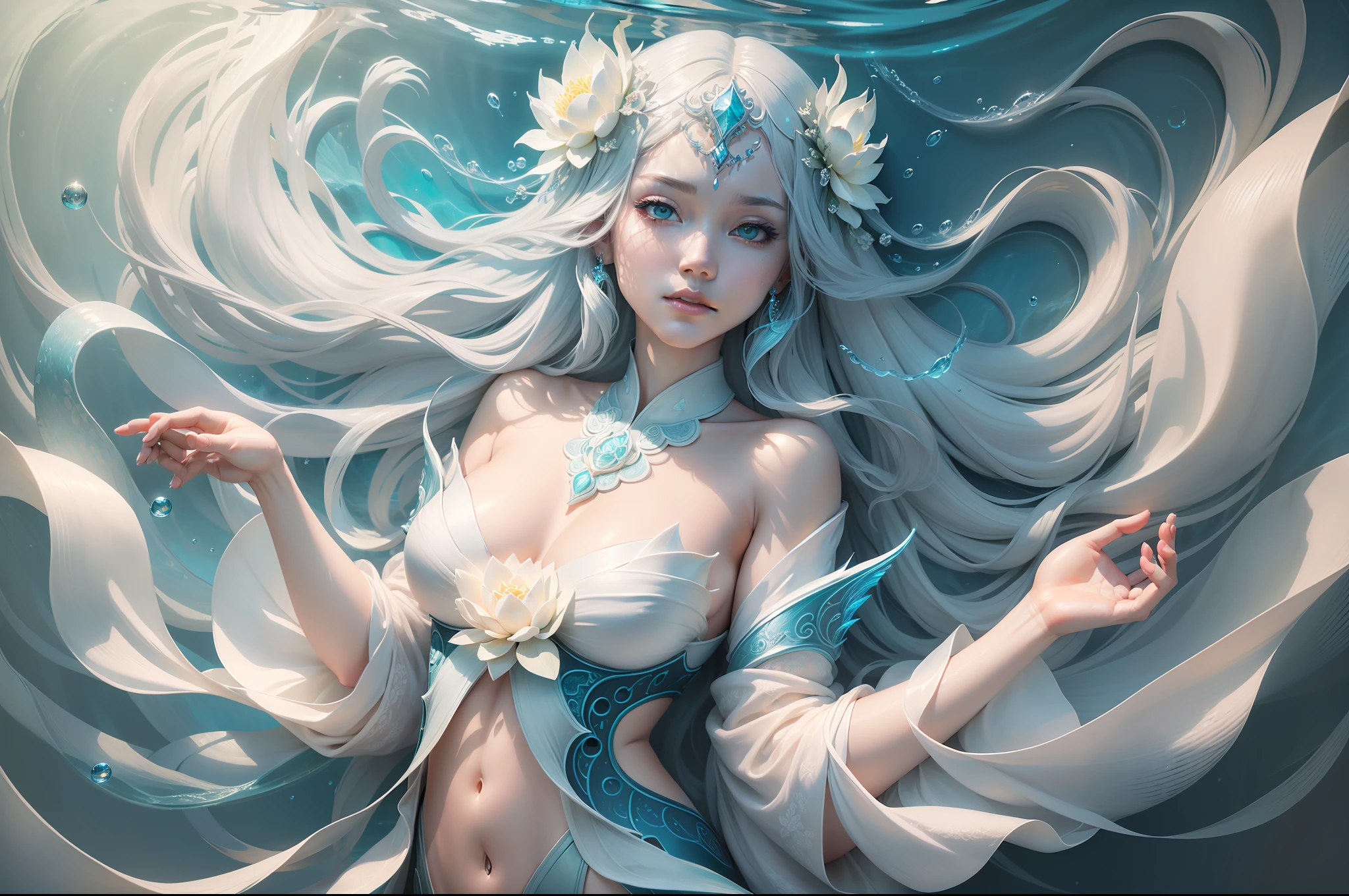 Electric goddess of mermaid digital painting, highly-detailed symmetric perfectly female body cinematic water and ocean color palette, under water, wearing white minimal hanfu Underwater, big lotus in white, delicate facial details, spotlight,perfect composition, hyperrealistic, super detailed, 8k, high quality, sharp focus,intricate details, highly detailed, dynamic lighting, detailed and intricate environment,