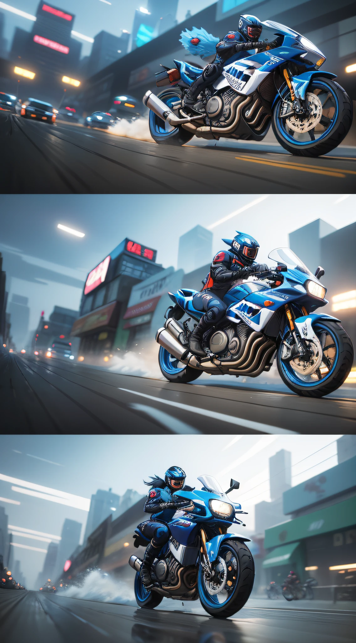 [Illustration] comic page, one page has multiple panels: in the city full of gunfire (far view), several racers riding motorcycles, racing on the street (close-up, low motion blur), text dialog, [continuous shooting] in the style of Andreas Rocha, cobalt blue and reflective silver, motion picture film P30, asymmetrical cut composition