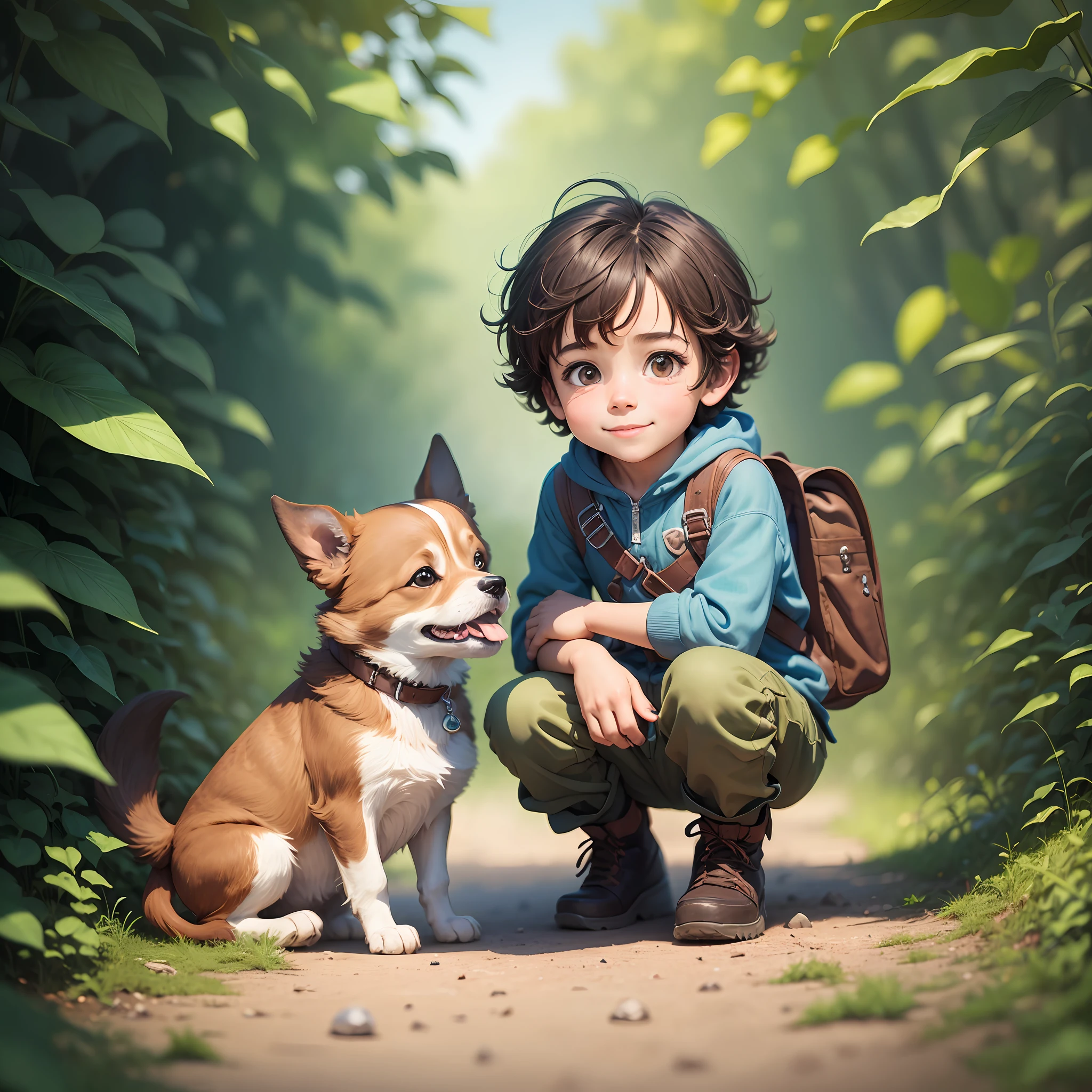 HAPPY, CUTE CHILD WITH HIS DOG ON AN ADVENTURE, looking for treasure, short hair, brown hair, shiny, Surrealism, Minimalism, Pixar, UHD, 1080P, HD, 8k, textured skin, high details --auto --s2