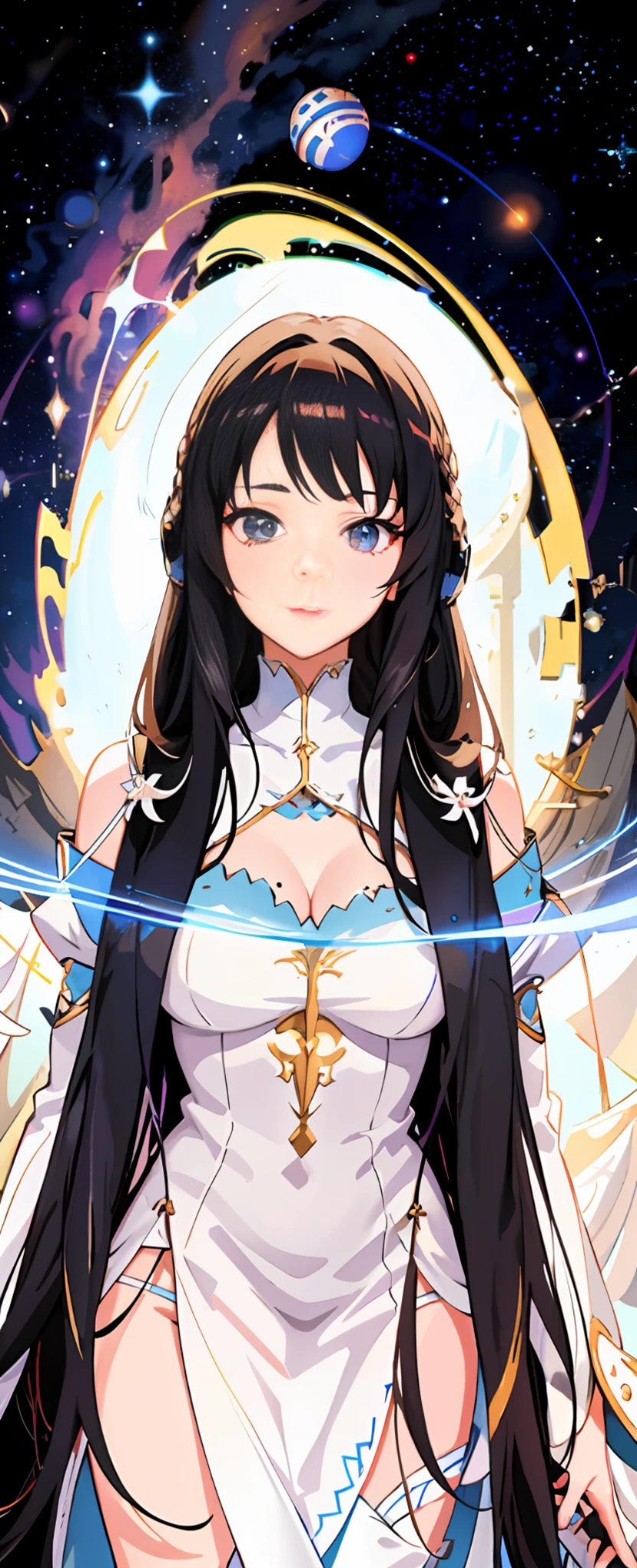 Girl with long black hair and a white dress, goddess, Artemis, zodiac girl portrait, costume illustration, moe artstyle, digital anime illustration, costume art, official art, ((a beautiful empress of fantasy)), detailed digital anime art, digital anime art, anime illustration, black magician-hair, realistic art