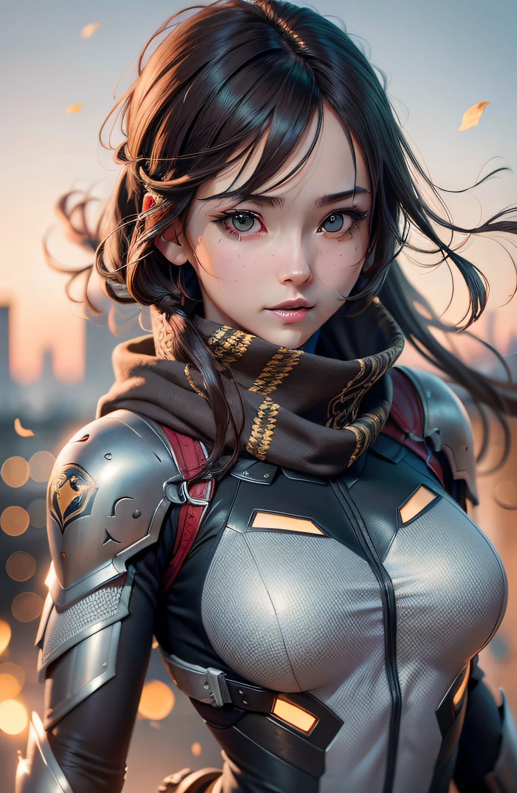Beauty anime girl /// (Character) wearing detailed combat body suit with scarf, upperbody shots, detailed skin, face sharp focus, detailed eyes and pupils, detailed hair, intricate details and sharp, masterpiece, global illumination, real shadow, bokeh, best quality, photorealistic, realistic, 8k