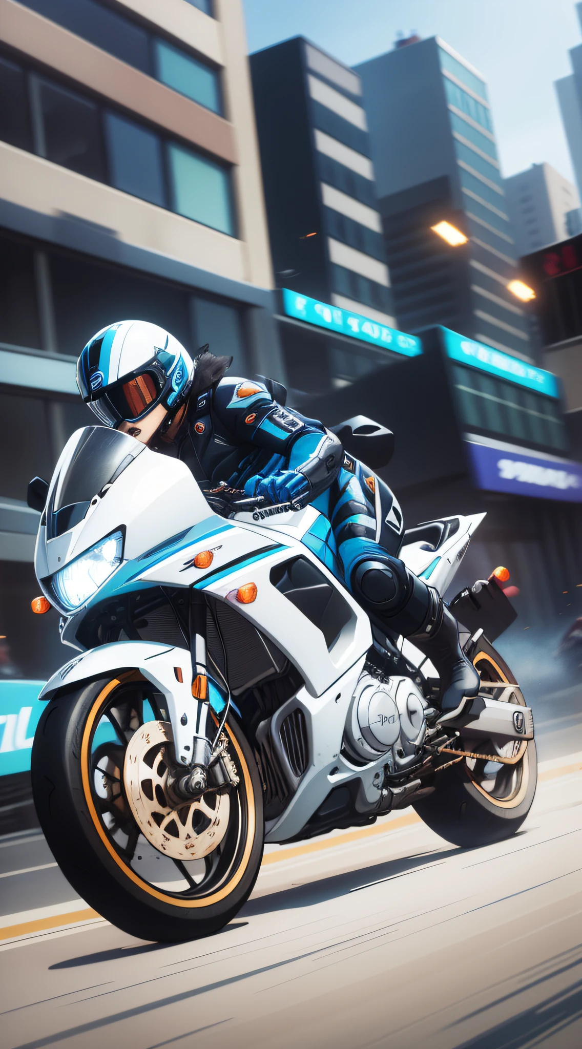 [Illustration] comic page, one page has multiple panels: in the city full of gunfire (far view), several racers riding motorcycles, racing on the street (close-up, low motion blur), text dialog, [continuous shooting] in the style of Andreas Rocha, cobalt blue and reflective silver, motion picture film P30, asymmetrical cut composition