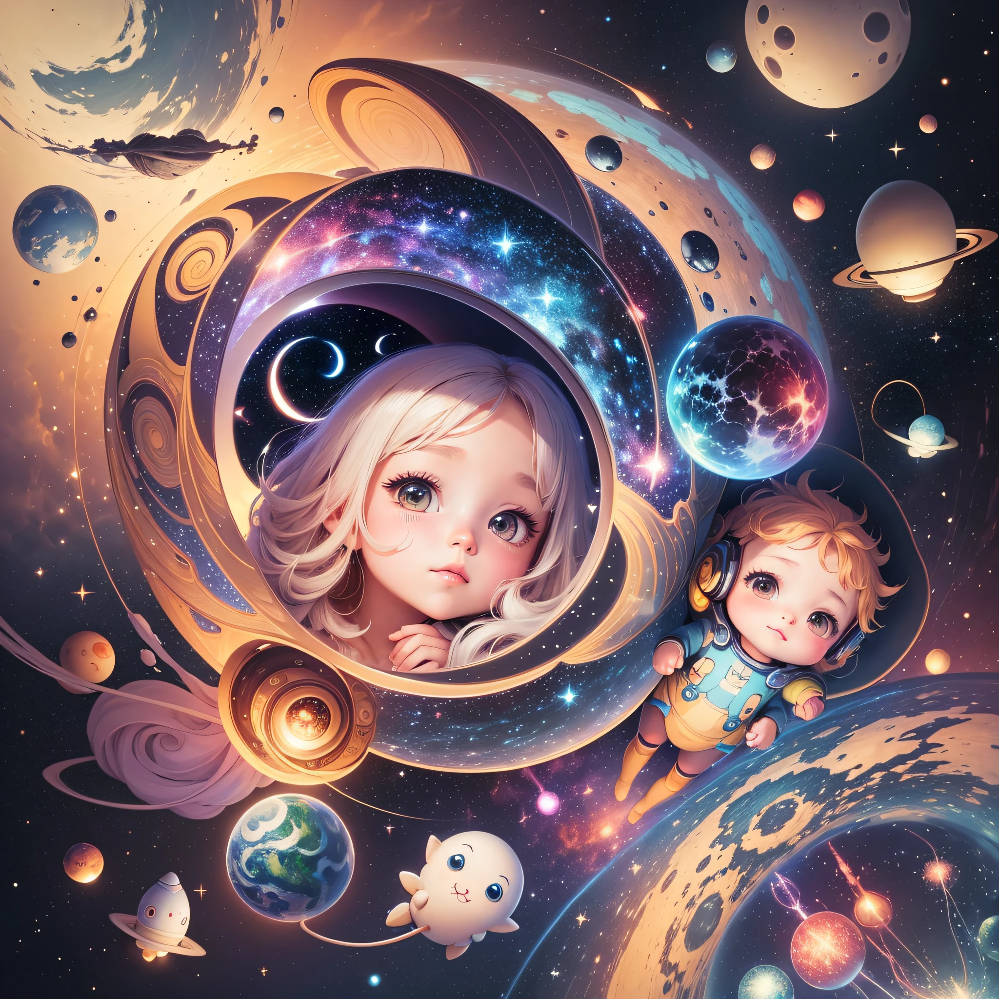 galaxies, rocket, planets, stars, cute illustration, cute art, cute characters, cute digital art, illustrated in whimsical style, children's illustration, cute features, illustration, cozy calm, cute detailed digital art --auto --s2