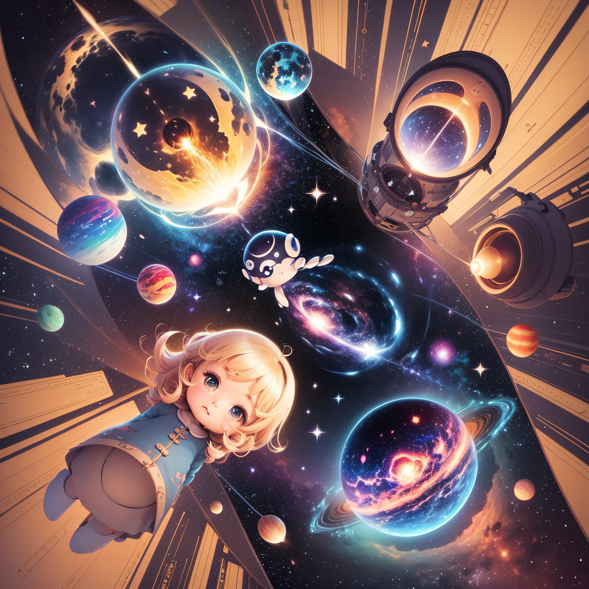 galaxies, rocket, planets, stars, cute illustration, cute art, cute characters, cute digital art, illustrated in whimsical style, children&#39;s illustration, cute features, illustration, cozy calm, cute detailed digital art --auto --s2