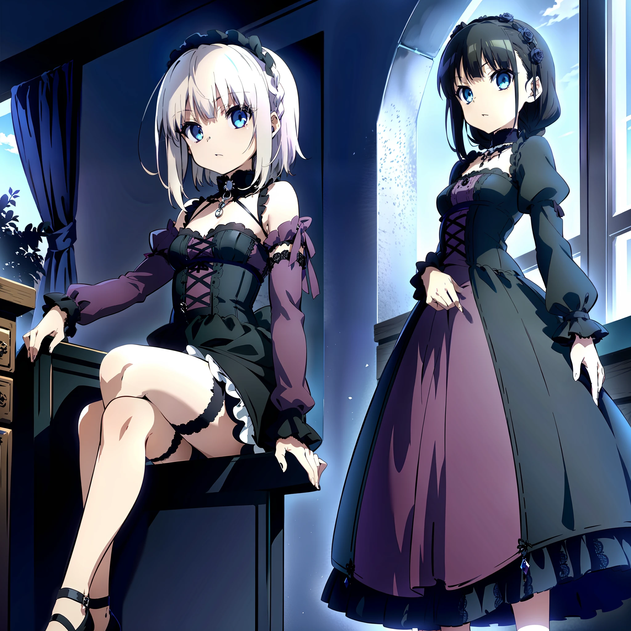 Young girl, 16 year old girl, small and beautiful breasts, girl with short black hair, braid on the right side of the head, big and striking eyes, sky blue eyes, girl wearing gothic style dress with skirt up to the knees, gothic dress up to the knees with lilac band at the waist, gothic lolita, gothic lolita dress, vetido with lilac band at the waist,  Girl inside the book store, young girl with small, beautiful breasts