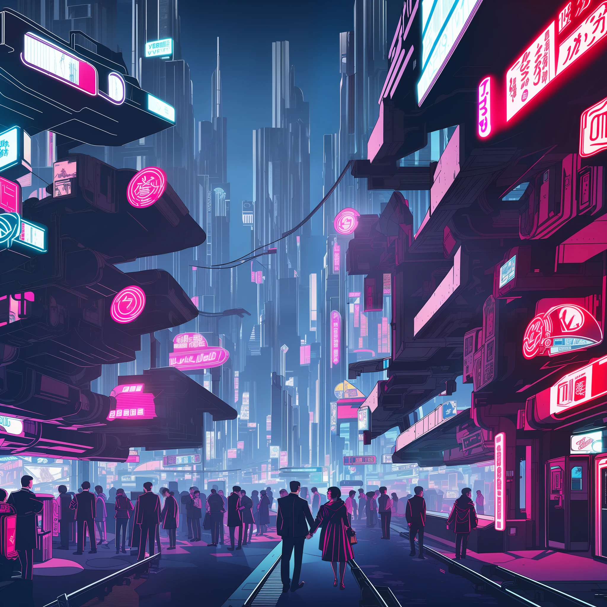 Make a drawing scene in the vaporwave style, of a young man in a black suit and white shirt, and a woman in a white dress, the two are very dirty with blood, they are in a subway station, between the woman and the man there is a beautiful bouquet of flowers on the floor, the lighting is red and dark,  There are cyberpunk neon lights, there is a cyberpunk train, high quality, lots of cyberpunk details, ensure that the man and woman are the center of the scene