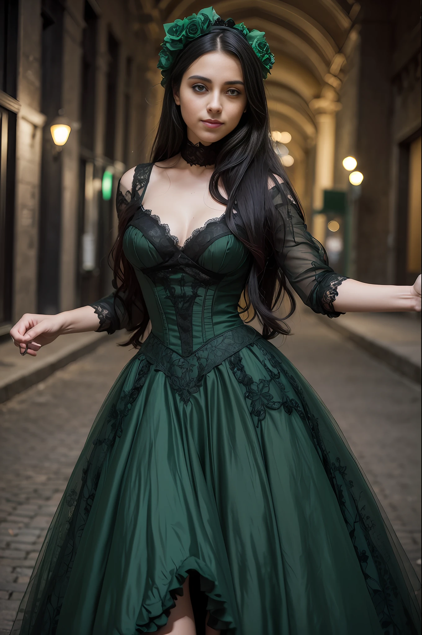 ((artistic photography)))dark green sensual Victorian dress,((night photography))Lauren Jauregui,((urban installation))full scale,((colloquial))happy and smiling.