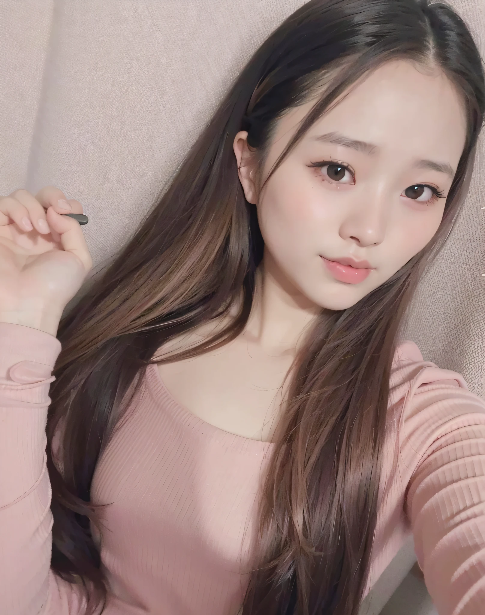 a close up of a woman with long hair and a pink shirt, asian girl with long hair, ulzzang, 19-year-old girl, xintong chen, with long hair, zmonzheng, young cute wan asian face, korean girl, headshot profile picture, dilraba dilmurat, chinese girl, young and cute girl