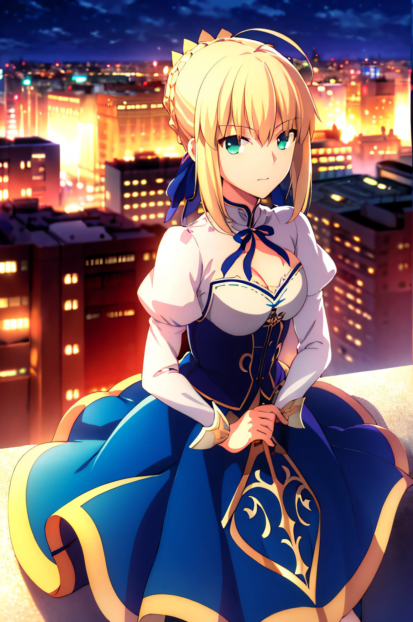(masterpiece:1.4), (best quality:1.4), 1girl, solo,
(artoria pendragon \(fate\):1.2), saber, blonde hair, ahoge, green eyes, ribbon, armored dress, hair ribbon, dress,
looking at viewer, upper body,
city, cityscape, sky, night