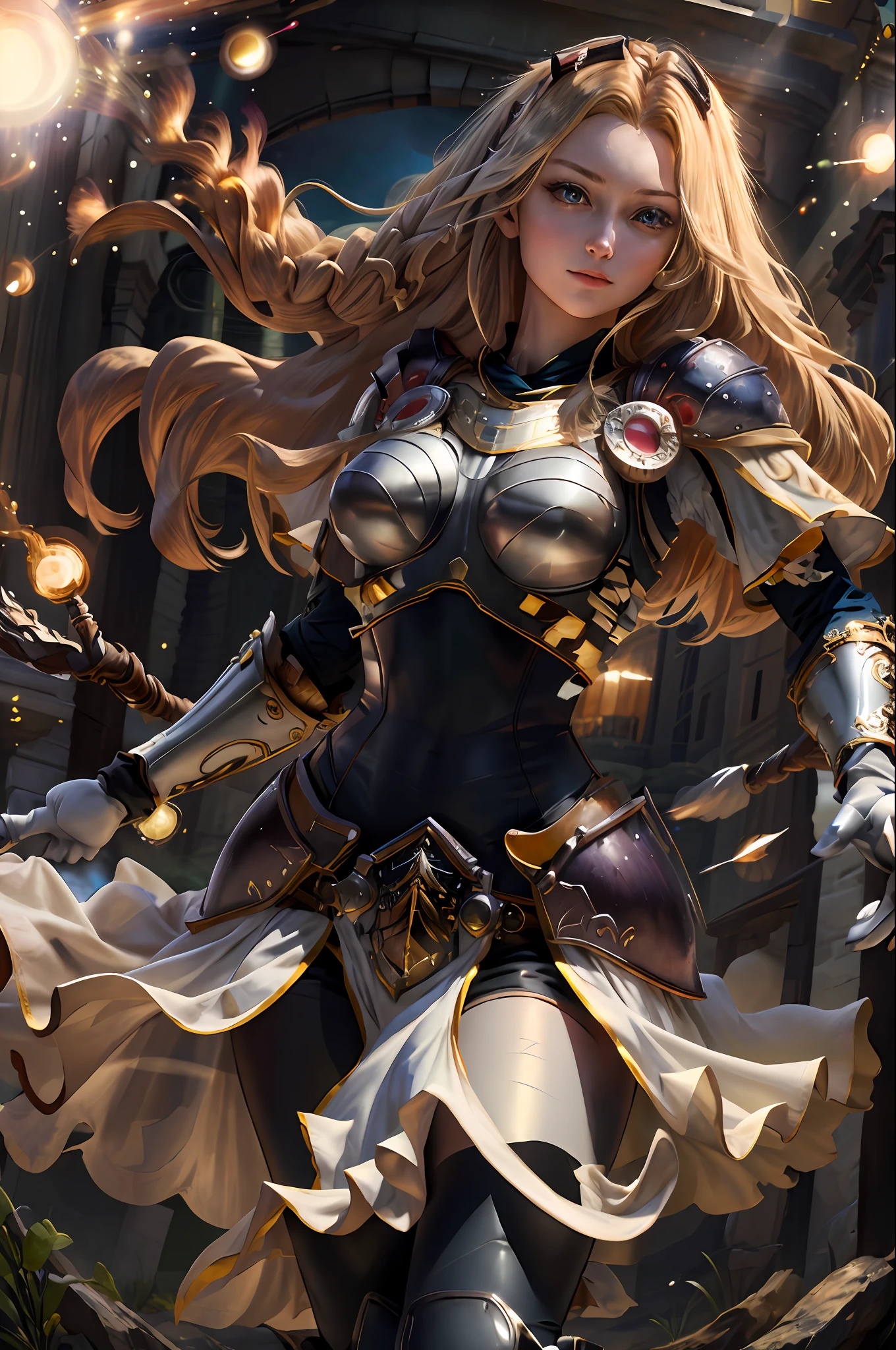 masterpiece, best quality, highres, lux1, long hair, 1girl, solo, armor, breastplate, overalls, gloves, white gloves, boobplate, magic, spell, power beam