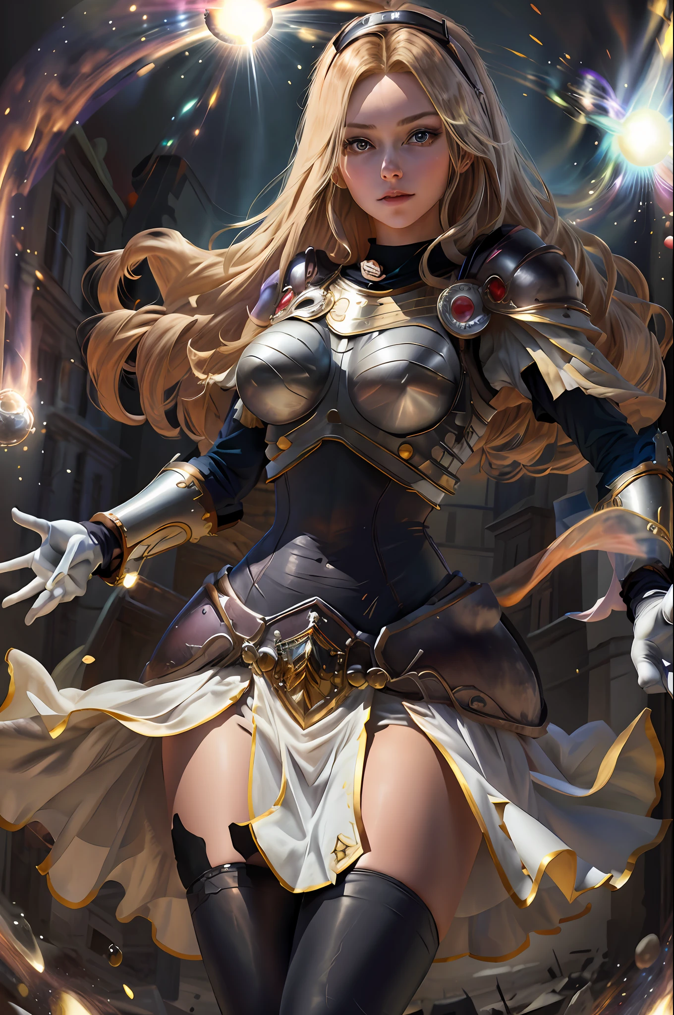 masterpiece, best quality, highres, lux1, long hair, 1girl, solo, armor, breastplate, overalls, gloves, white gloves, boobplate, magic, spell, power beam