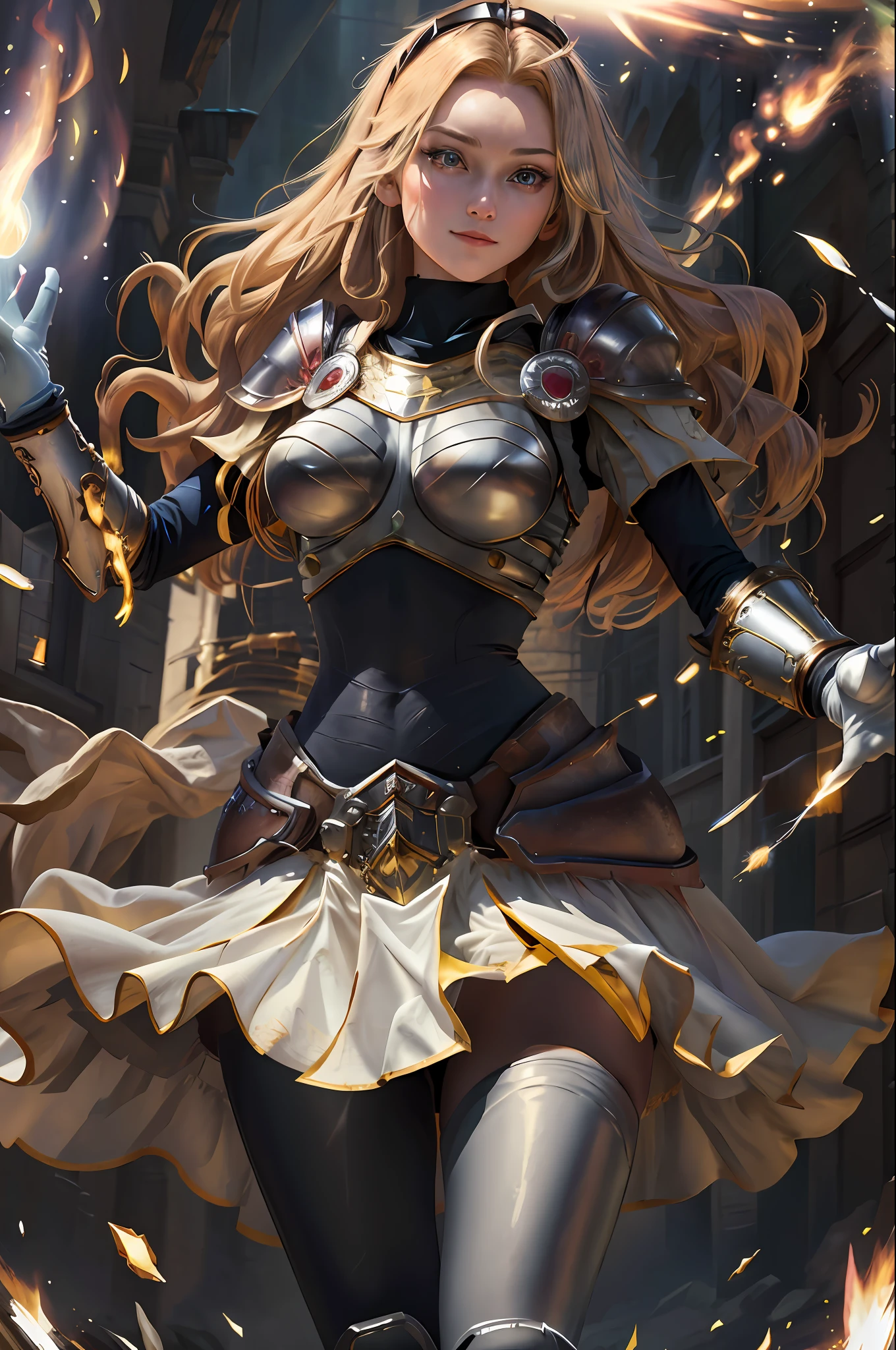 masterpiece, best quality, highres, lux1, long hair, 1girl, solo, armor, breastplate, overalls, gloves, white gloves, boobplate, magic, spell, power beam