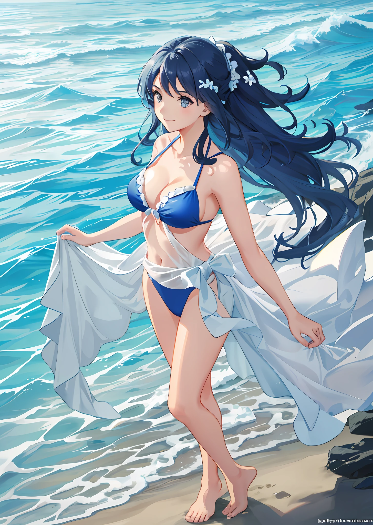 Draw a woman in a beautiful swimsuit. She stands on the beach and you can see the waves coming to her feet. Draw in every detail, from the blue water of the sea and the white bubbling waves to the fine grains of sand on the sandy beach. Please try to freely express the posture, facial expressions, and hair movements of the woman. The summer sunlight illuminates her, and she herself has a bright smile on her face. Use colorful colors to enhance the brightness of the sea and sky and her beauty.