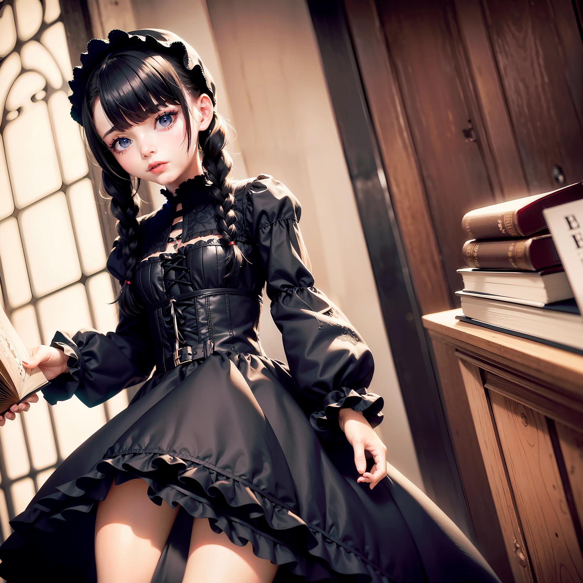 Young girl, 16 years old, small and beautiful breasts, bright red lipstick, short black hair, braid on the right side of the head, big and striking eyes, sky blue eyes, black gothic style dress up to the knees, black gothic dress, gothic lolita, black gothic lolita dress, inside the book store, young girl with small and beautiful breasts