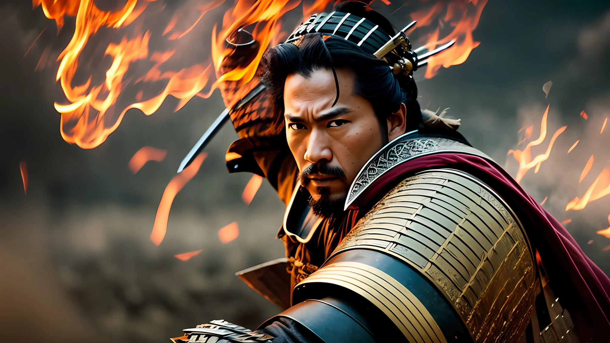 Cinematic scene from a Samurai movie, wearing traditional armor holding a katana sword, in the middle of a intense battle in Feudal Japan on Kyoto, image capturing the dynamic and implied movement, motion blur, the background is a battlefield with smoke in the distance, masculine, determined, epic, action scenes, dynamic action, dynamic motion, combat pose, dramatic, dutch angle shot, captured by Phantom High-Speed Camera, Neil Leifer, Walter Iooss Jr., Elsa Garrison, cinematic lighting, oscar winner film, intricate details of his costume, oscar winner costume design, hyper-realistic, clean sharp focus, cinematic color grading, film grain, detailed --auto --s2