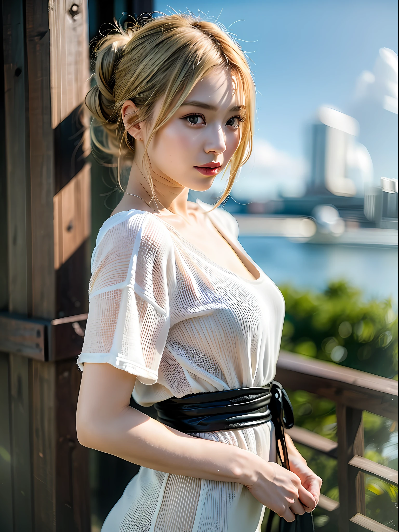 (8k, Best Quality, Masterpiece:1.2),(hair_style) ,(Realistic, Photorealistic:1.37), Best Quality, Masterpiece, Shot on wooden deck with sky and sea view in summer sunshine, [Small breasts], Backlight, Camera angle from waist up, Angle from behind, Pose with hair up with hands, Shot in natural light from morning to noon, Hairstyle and fashion style according to the Japan trend of 2023, realistic, lifelike, super detailed, beautiful face, 30s, actress, half Japan and half Russian, elaborate CG, slender, cute, mature, hairstyle is a short bob cut that matches the fashion of Japan in 2023 and hair fluttering in the wind, delicate skin type, fine details and softness of hair, The model's hair color is slightly bright and soft, and for glossy makeup and fashion style, choose an oversized T-shirt that matches the summer trend of 2023 and combine it with light pastel colors for a casual look.