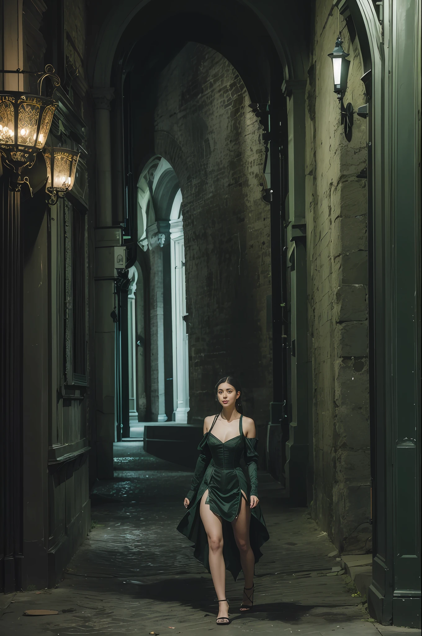 ((artistic photography)))dark green sensual Victorian dress,((night photography))Lauren Jauregui,((urban installation))full scale,((colloquial))happy and smiling.