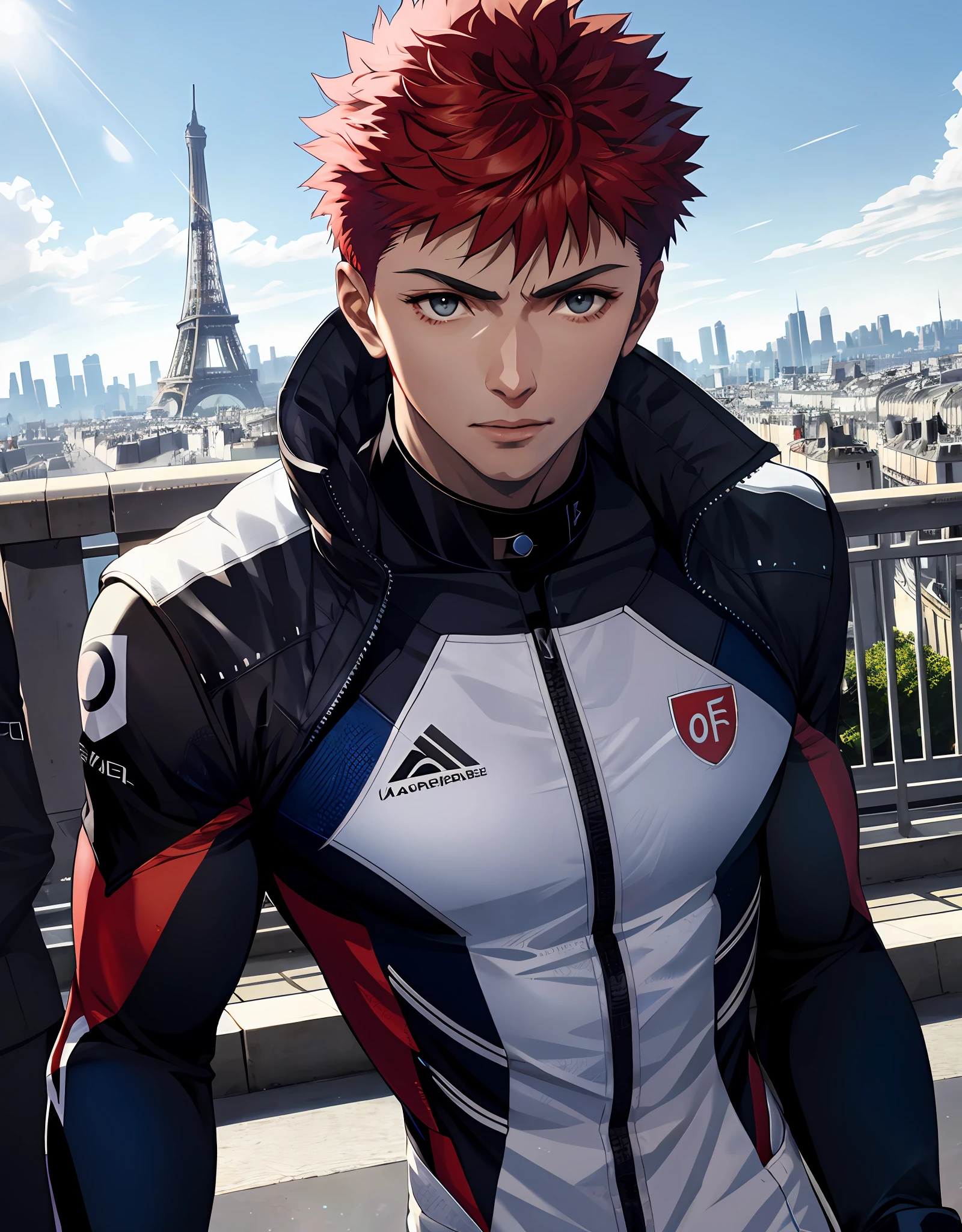 Shirou Emiya, (Fate), absurd, highres, ultra detailed, (F1_racing_suit), (blue_black), realistic, stunning visual, Paris circuit eiffel tower, morning, face details