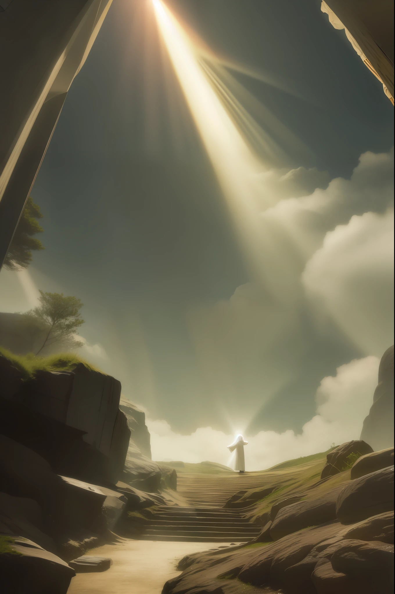 Jesus Christ descending from the clouds with bright rays of light