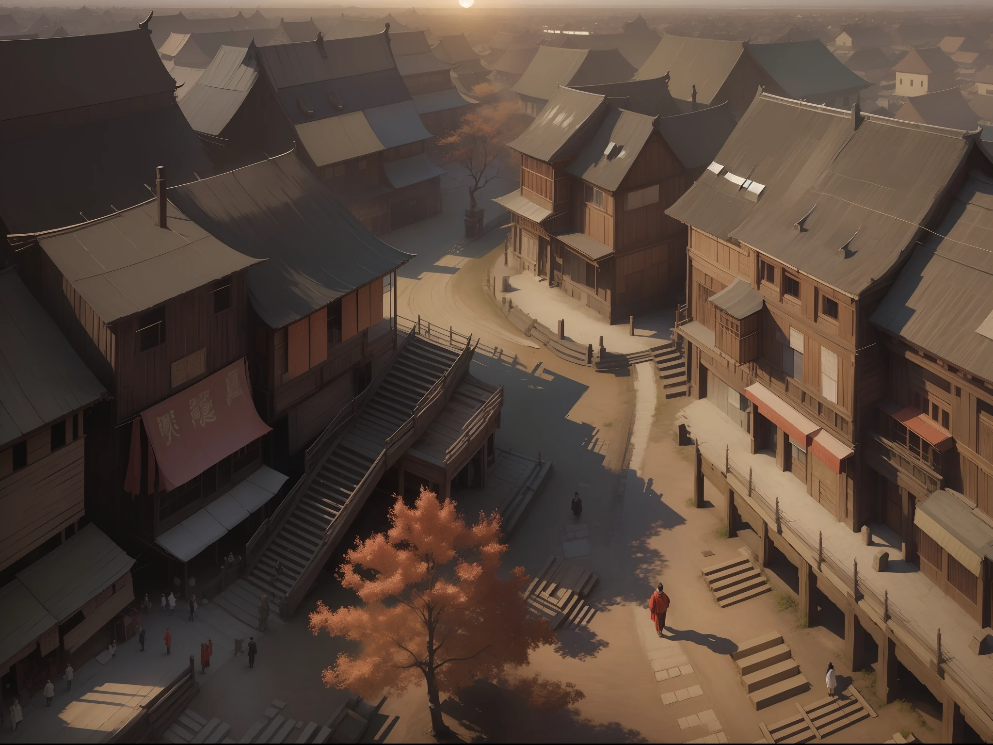 Ancient Chinese streets, ancient Chinese architecture, Japanese-style mahogany building group, super large composition, super long view, depth depth, super perspective, boundless, super vision, super high definition, absurdity, wallpaper, 32K, aerial view, Aerial view: 0.3, warm colors, summer sun, a main street, ancient distant pedestrians, distant crowds, lively, very many people, ancient vista crowds, ancient costume passers-by, pedestrians in ancient Chinese clothing, two-story houses on both sides of the street, shops open for business, pedestrians and carriages on the street, the noon sun is more dazzling, plants are not much dotted among them, super large composition, super long perspective, depth, super perspective, super perspective, boundless, super vision, super high-definition, absurdity, wallpaper, 32K, aerial view, aerial view: 0.3