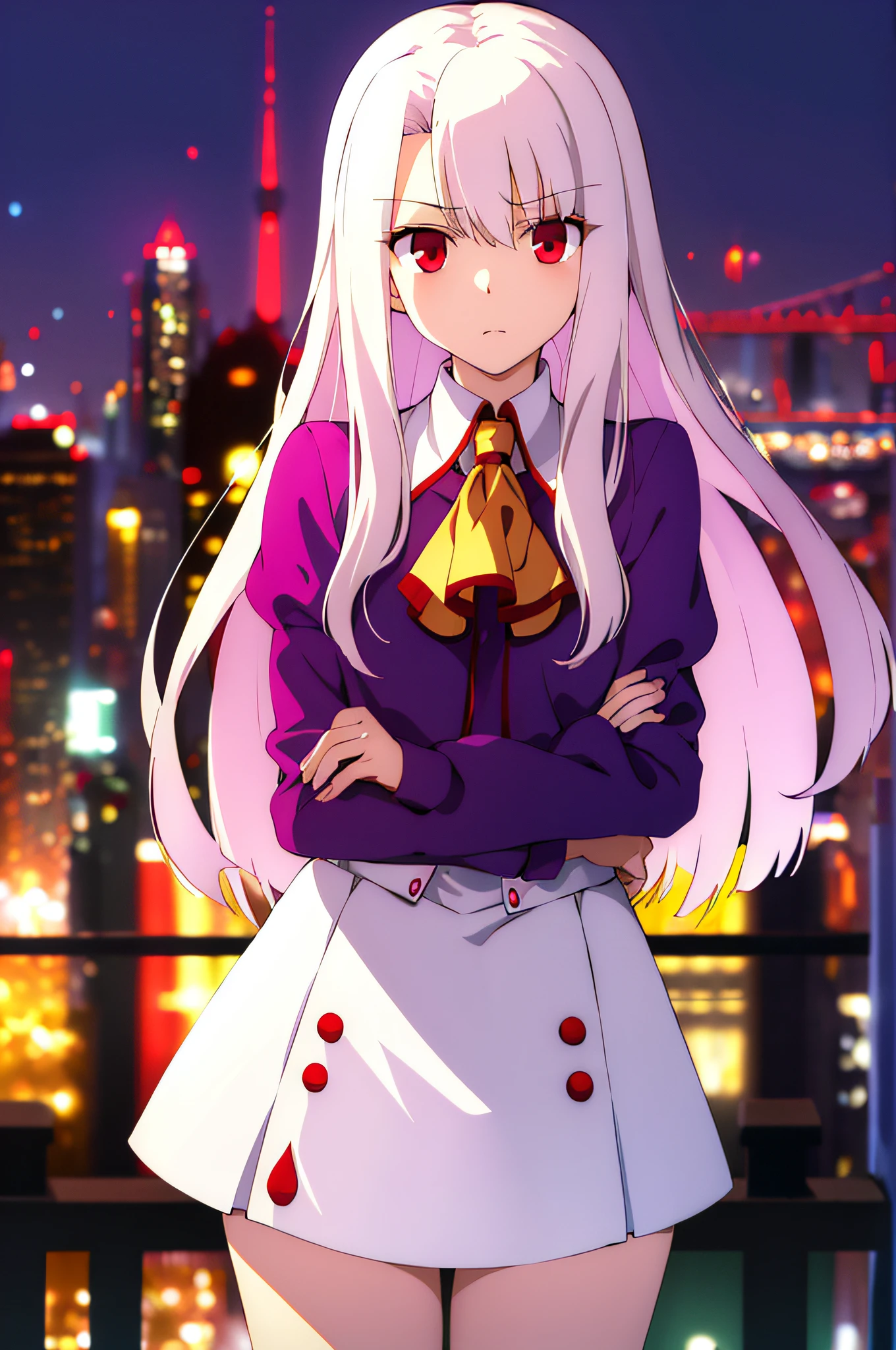(masterpiece:1.4), (best quality:1.4), 1girl, solo,
red eyes, white hair, long hair, (illyasviel von einzbern:1.2), bangs, hair between eyes, purple shirt, white skirt, purple ascot, frown, angry
looking at viewer, upper body,
city, cityscape, sky, night