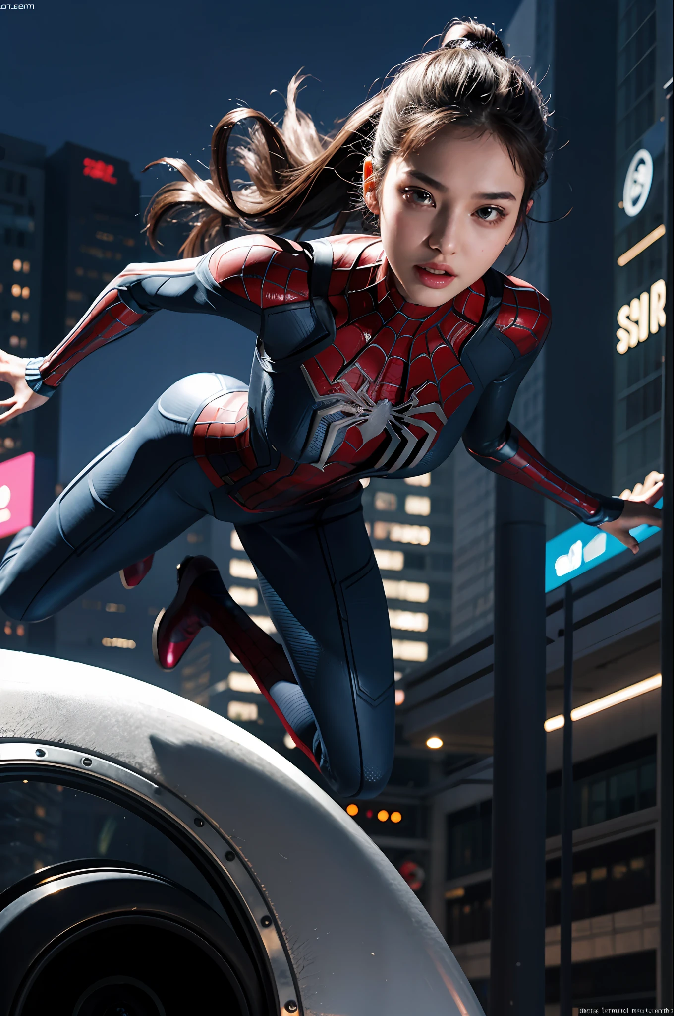 Top quality, delicate face, (full body)), 20 year old woman, (beautiful face)), slim body, metal body, (outdoor), full body special equipment, spider-man suit, (jumping high), weightless posture, mid-air, small bust, cyberpunk, sci-fi, scouter