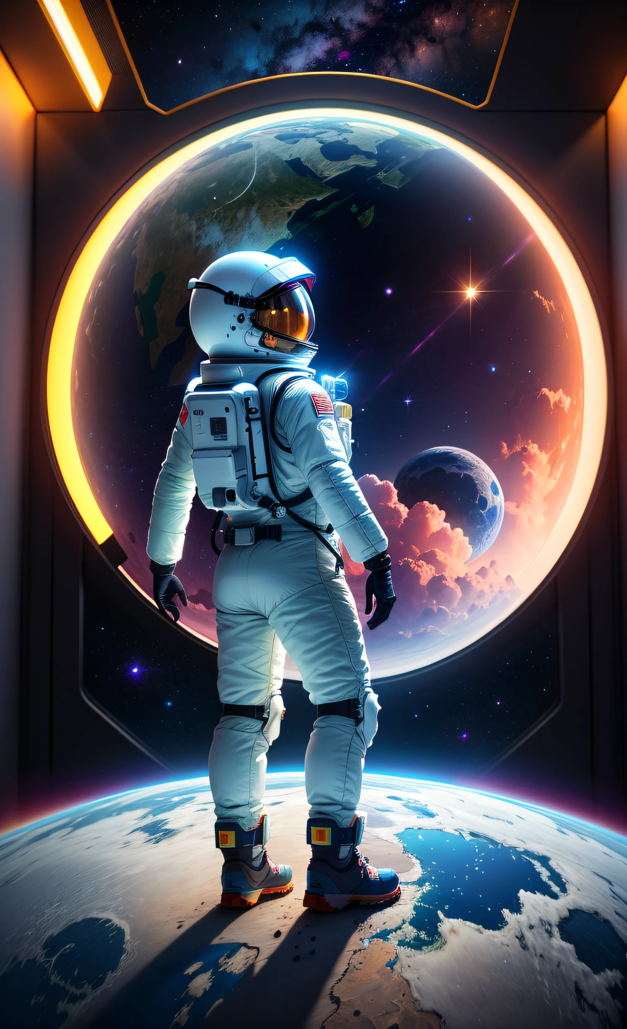 A figure in a spacesuit, standing atop a lunar mountain, gazing in awe at the Earth in the night sky., interior architecture, Art Deco, modern, ray tracing, super detail, best quality, highres, 8k, 16k, best quality