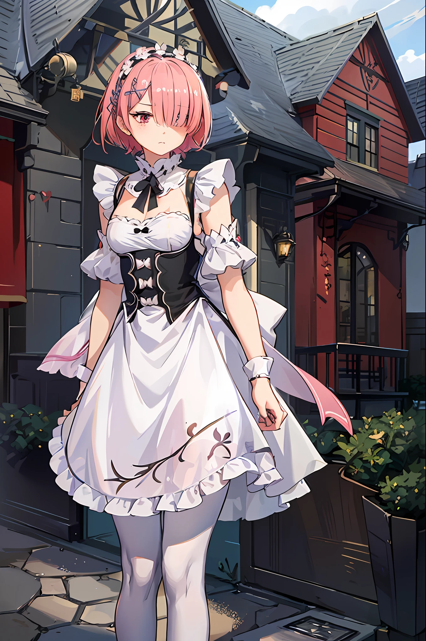 ((best quality)), ((masterpiece)), illustration, (detailed), 1girl, ram_rezero, cute, chibi, piercing gaze, pink hair:1.1, short hair, (hair over one eye:1.3), red eyes:1.2, roswaal mansion maid uniform, apron, (white pantyhose:1.2), looking at viewer, upper body, angry, annoyed, disgusted, glaring, mansion, (high-resolution:1.2),