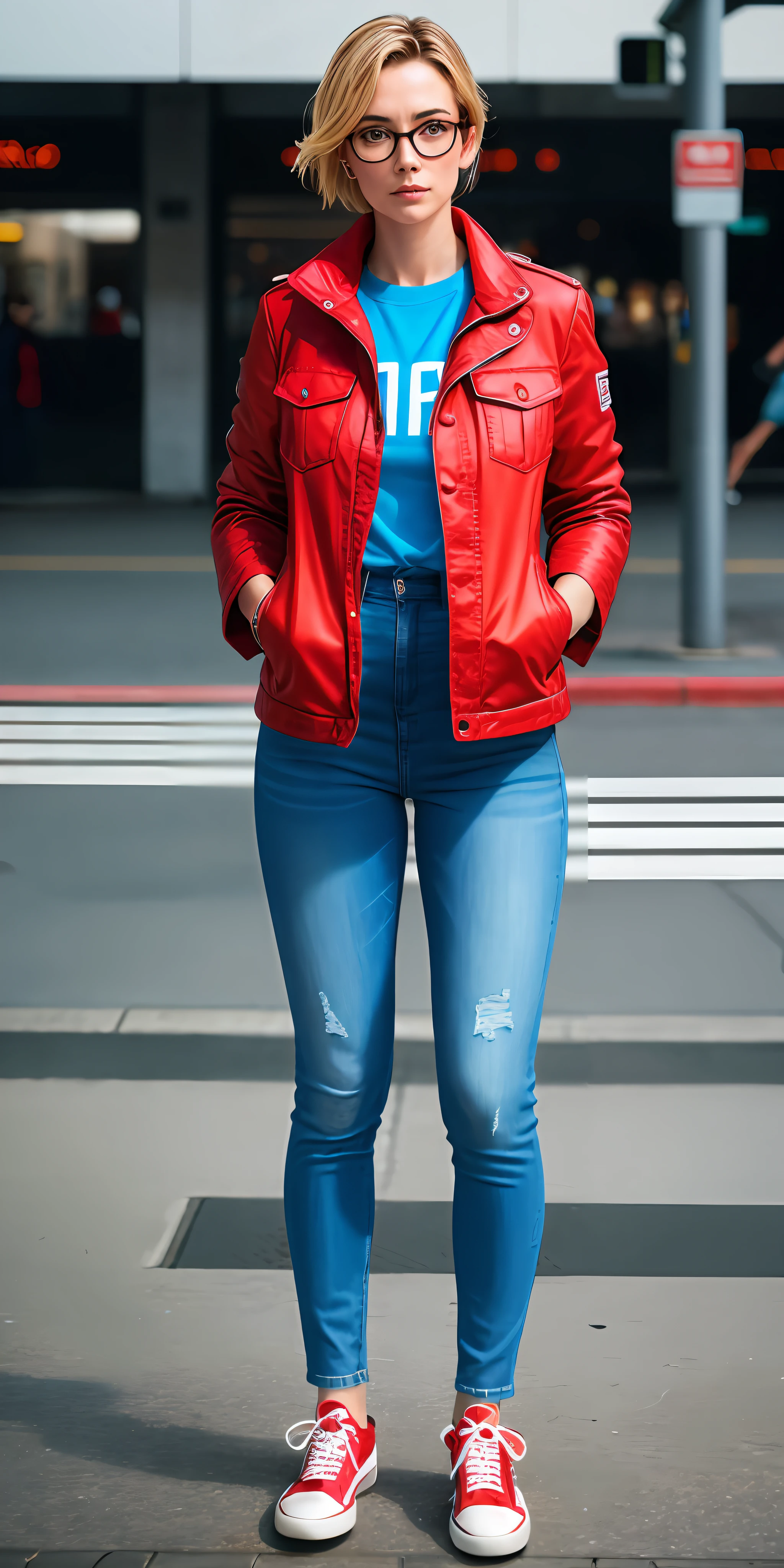 Woman in her 20s, wearing casual clothes ((red glasses, red and blue jacket, blue jeans, sneakers with heels)), short hair, blonde, full body, city backdrop, ((thin, small)), photorealistic, photo, masterpiece, realistic, realism, photorealism, high contrast, photorealistic digital art trend on Artstation 8k HD high definition realistic detailed, detailed, skin texture, hyper detailed, realistic skin texture, armor, best quality, ultra high resolution, (photorealistic: 1.4), high resolution, detailed, raw photo, sharp re, by lee jeffries nikon d850 film stock photography 4 kodak portra 400 camera f1.6 lens rich colors hyper realistic texture dramatic lighting irrealengine trend in artstation cinestill 800,