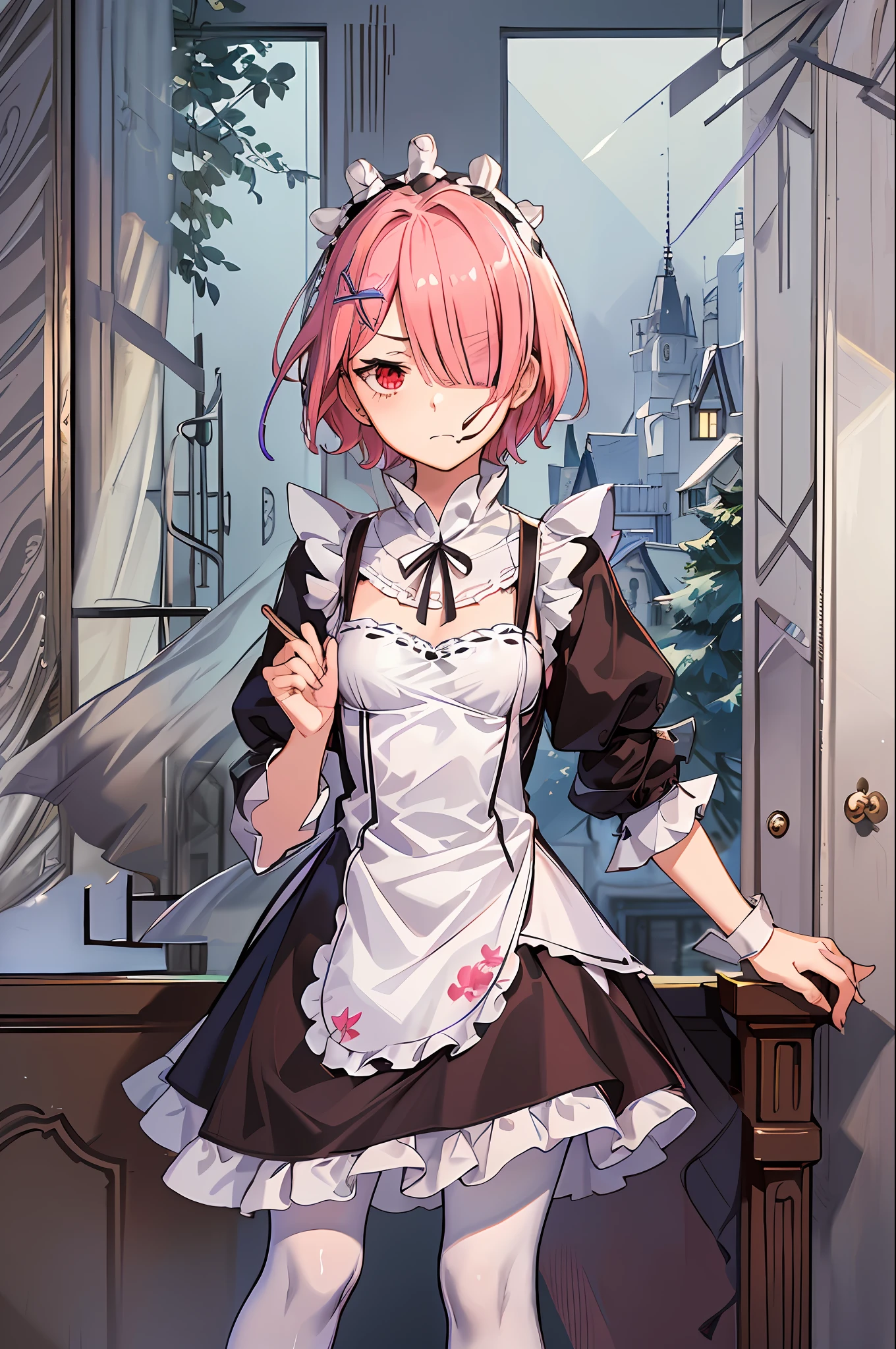 ((best quality)), ((masterpiece)), illustration, (detailed), 1girl, ram_rezero, cute, chibi, piercing gaze, pink hair:1.1, short hair, (hair over one eye:1.3), red eyes:1.2, roswaal mansion maid uniform, apron, (white pantyhose:1.2), looking at viewer, upper body, angry, annoyed, disgusted, glaring, mansion, (high-resolution:1.2),