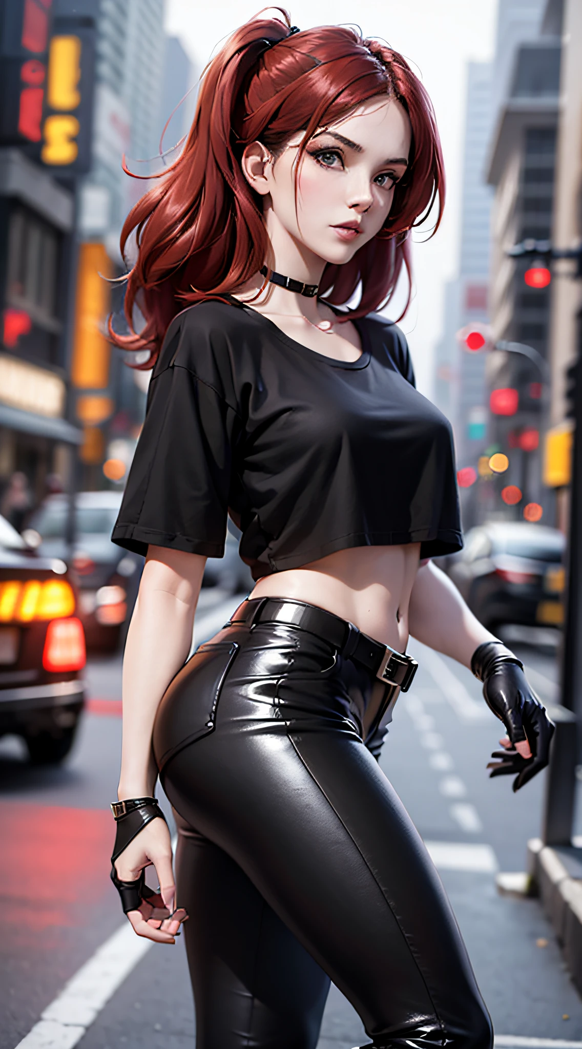 masterpiece, best_quality, 1girl, solo, walking on the street, black t-shirt, long black pants, military black boots, light red hair, perfect face, 4k, HDR, Full HD, HDR, cyberpunk lighting, night, lights