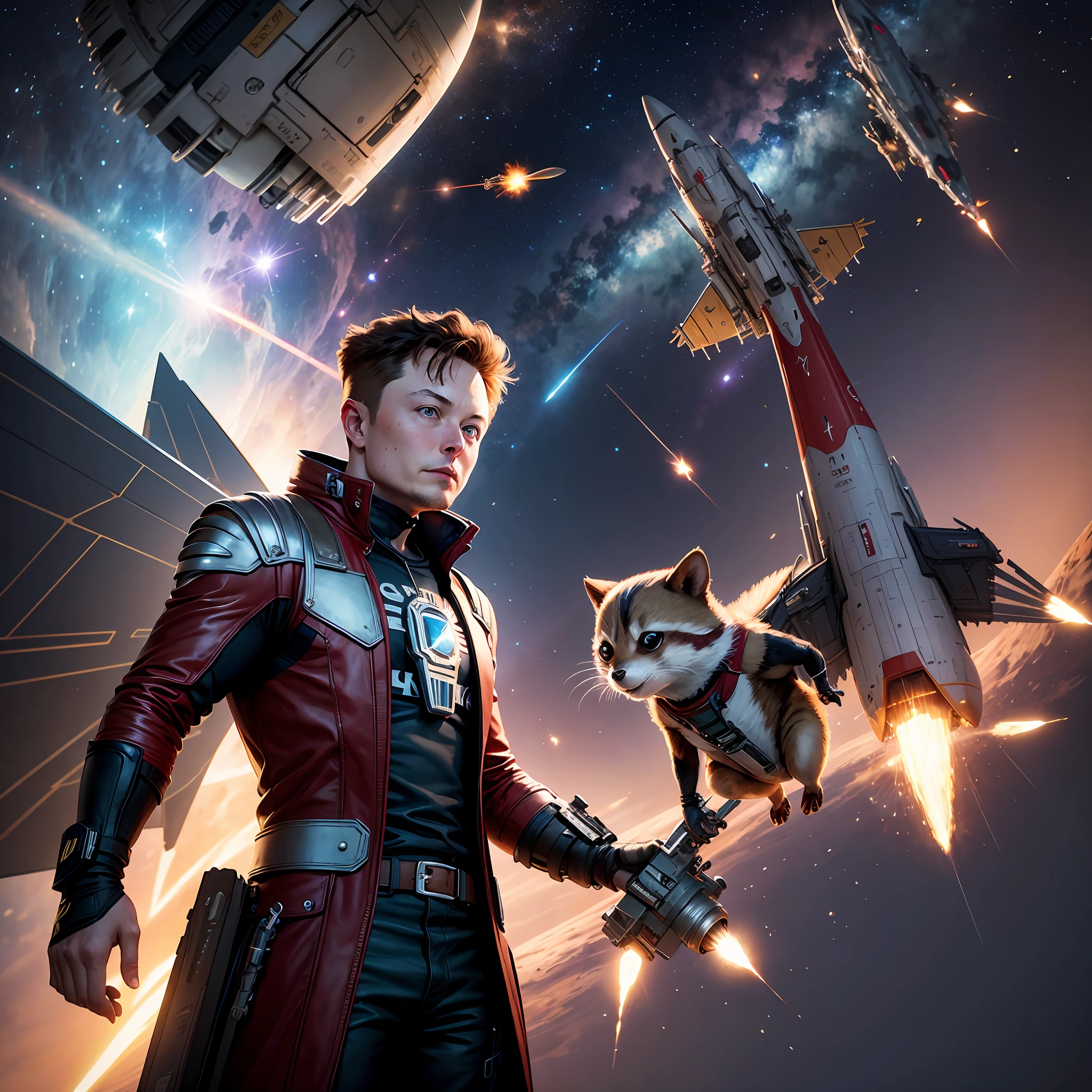 Elon musk in costume of the guardians of the galaxy flying with Rocket Raccon through space