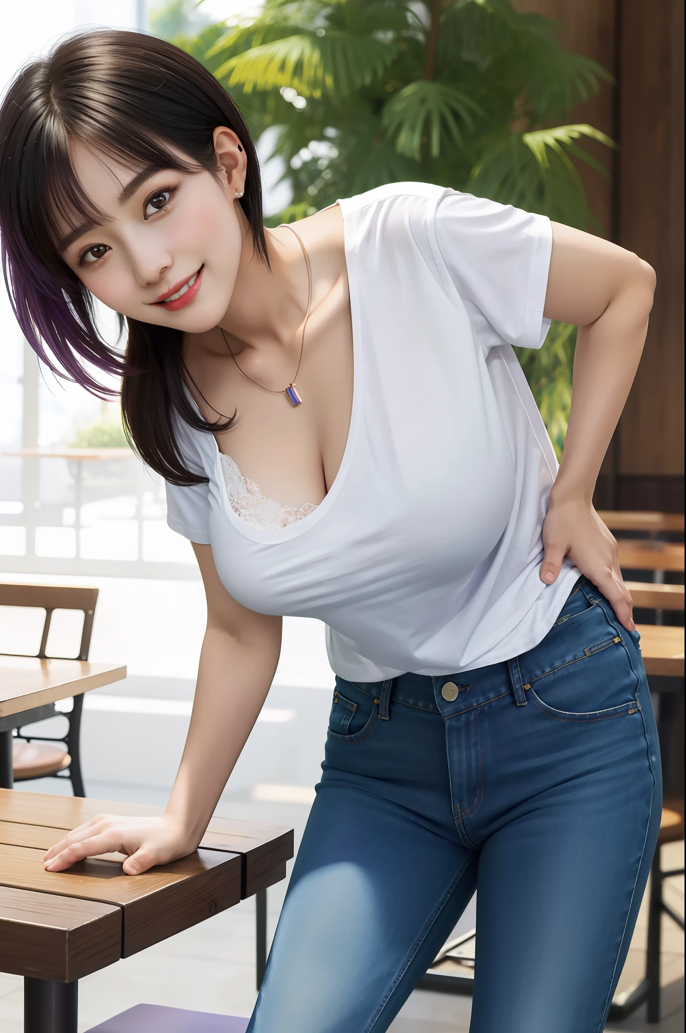 (Best quality, 8k, 32k, Masterpiece, UHD:1.2),Photo of Pretty Japanese woman, 1gril,black short hair,large breasts,(detailed white loose t-shirt:1.2),denim pants,necklace,(detailed lace bra:1.05),(leaning forward:1.8),looking at viewer,pov,looking down,across table,(hands on table:1.1),smile,in cafe,upper body, all fours