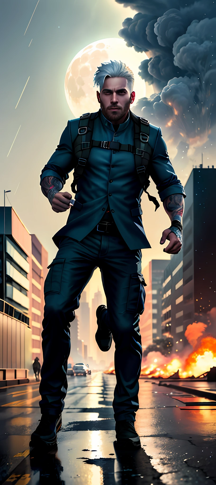 Man fleeing an explosion, with white hair, with tattoos, moon in the background of the city, raining, with thunder,