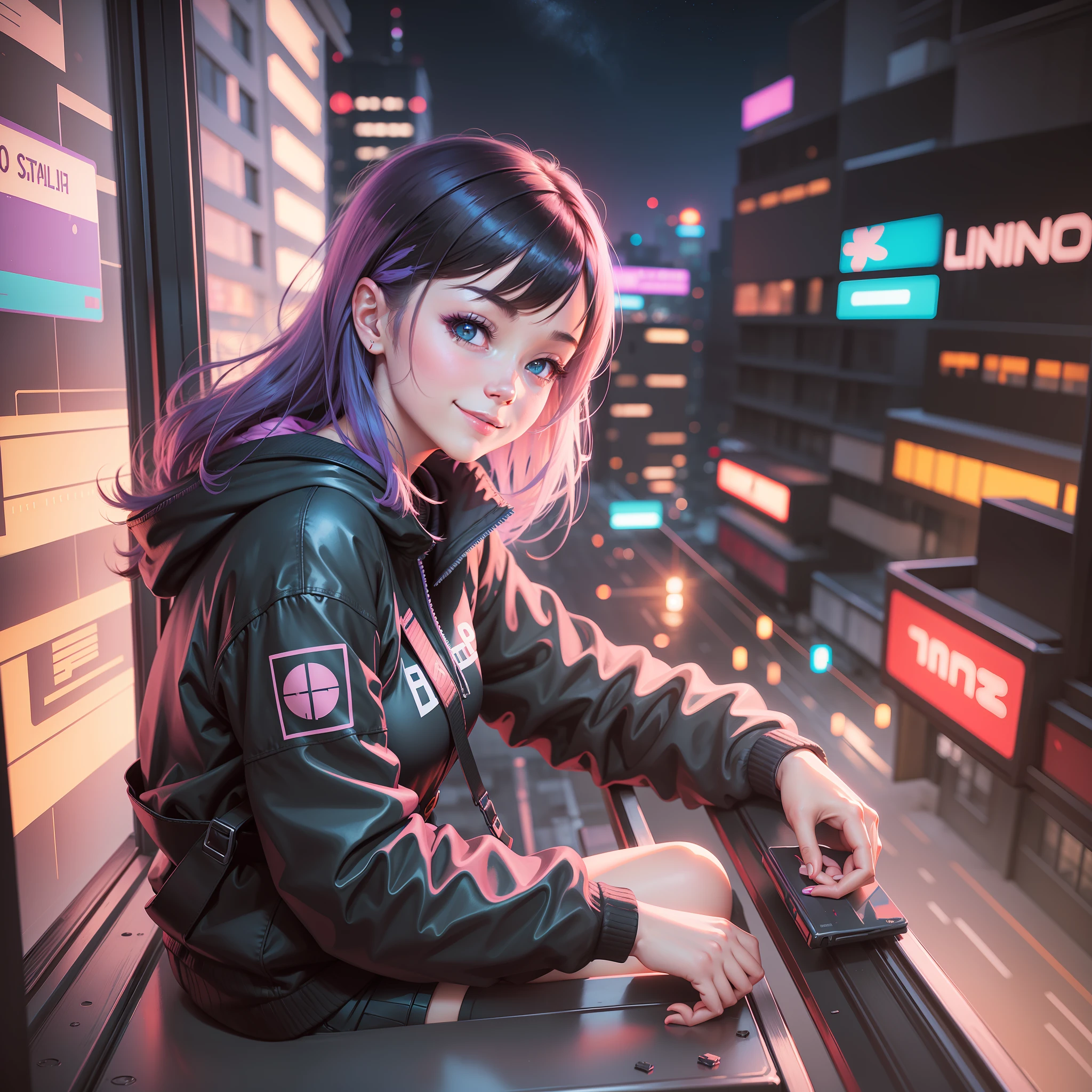 Anime girl smiling and sitting on the windowsill looking at the city at night, landscape of ilya kuvshinov, digital art ilya kuvshinov, inspired by Alena Aenami, by Alena Aenami, art of alena aenami, cyberpunk vibrations, RGB colors and vibrations, neon city in the background, artistic. Alena Aenami, Ilya Kuvshinov.