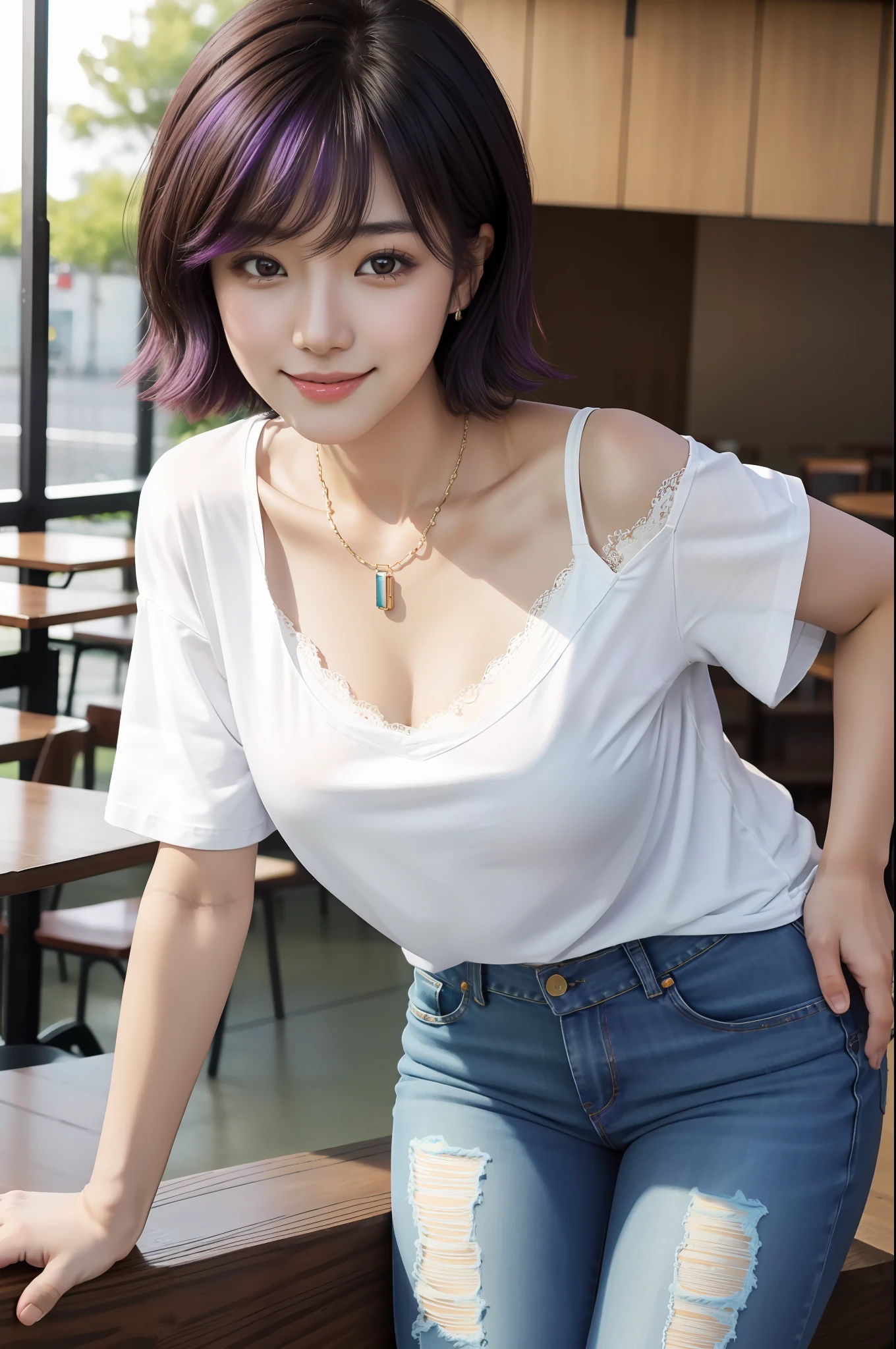 (Best quality, 8k, 32k, Masterpiece, UHD:1.2),Photo of Pretty Japanese woman, 1gril,black short hair,large breasts,(detailed white loose t-shirt:1.2),denim pants,necklace,(detailed lace bra:1.05),(leaning forward:1.8),looking at viewer,pov,looking down,across table,(hands on table:1.1),smile,in cafe,upper body, all fours