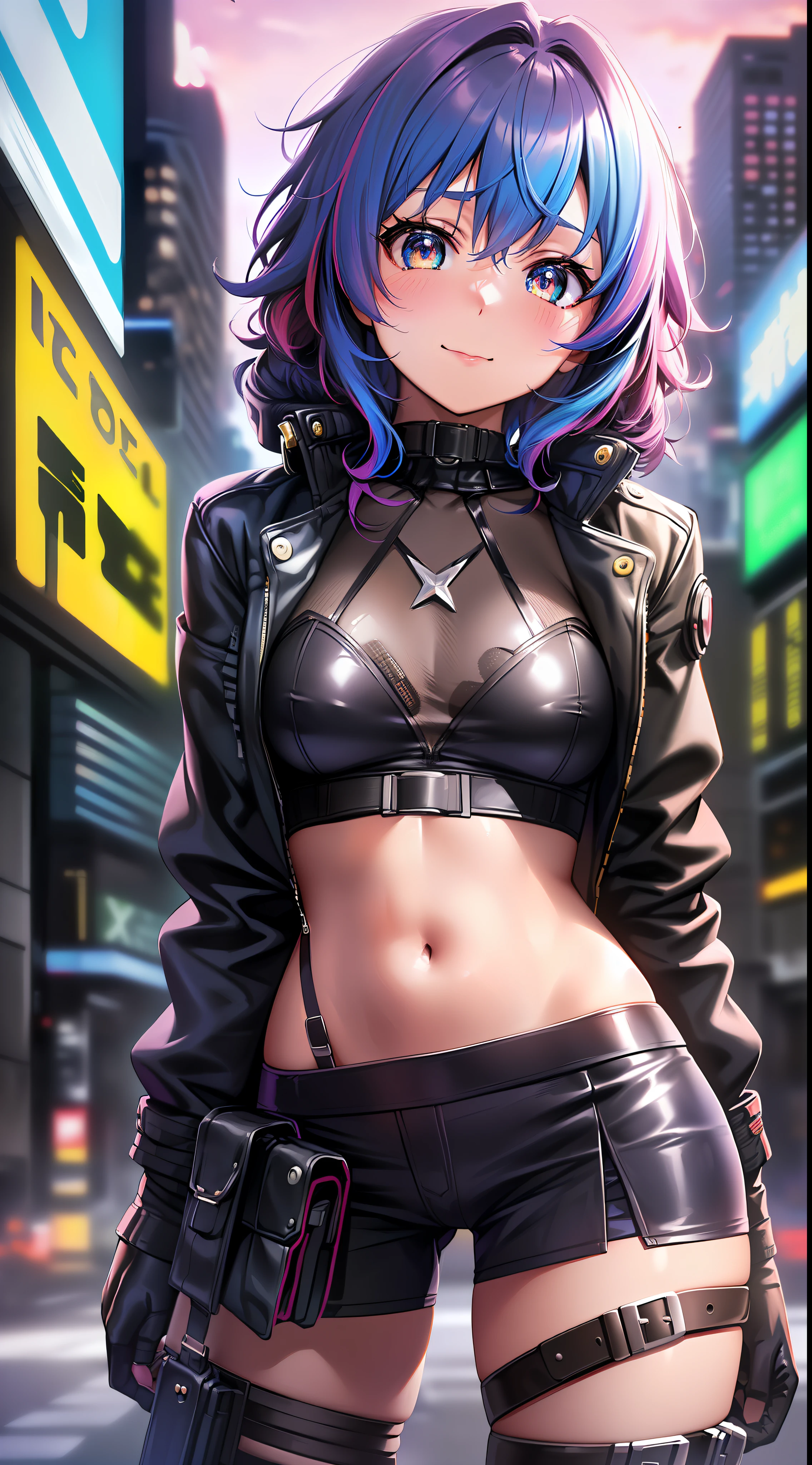 Skinny anime girl with short three-tone hair, rogue anime, in anime movie, screenshot of anime movie, TV anime, anime character, 1girl, solo, (closed smile:0.9), (multicolored curly hair, pupils of different colors), (atmospheric perspective, amazing background, cyberpunk, futuristic, neon lights, city: 0.8), (very short skirt), (short latex jacket with big neckline), (small chest almost shows it), (showing panties), holster on leg, full body, (hot), (provocative)