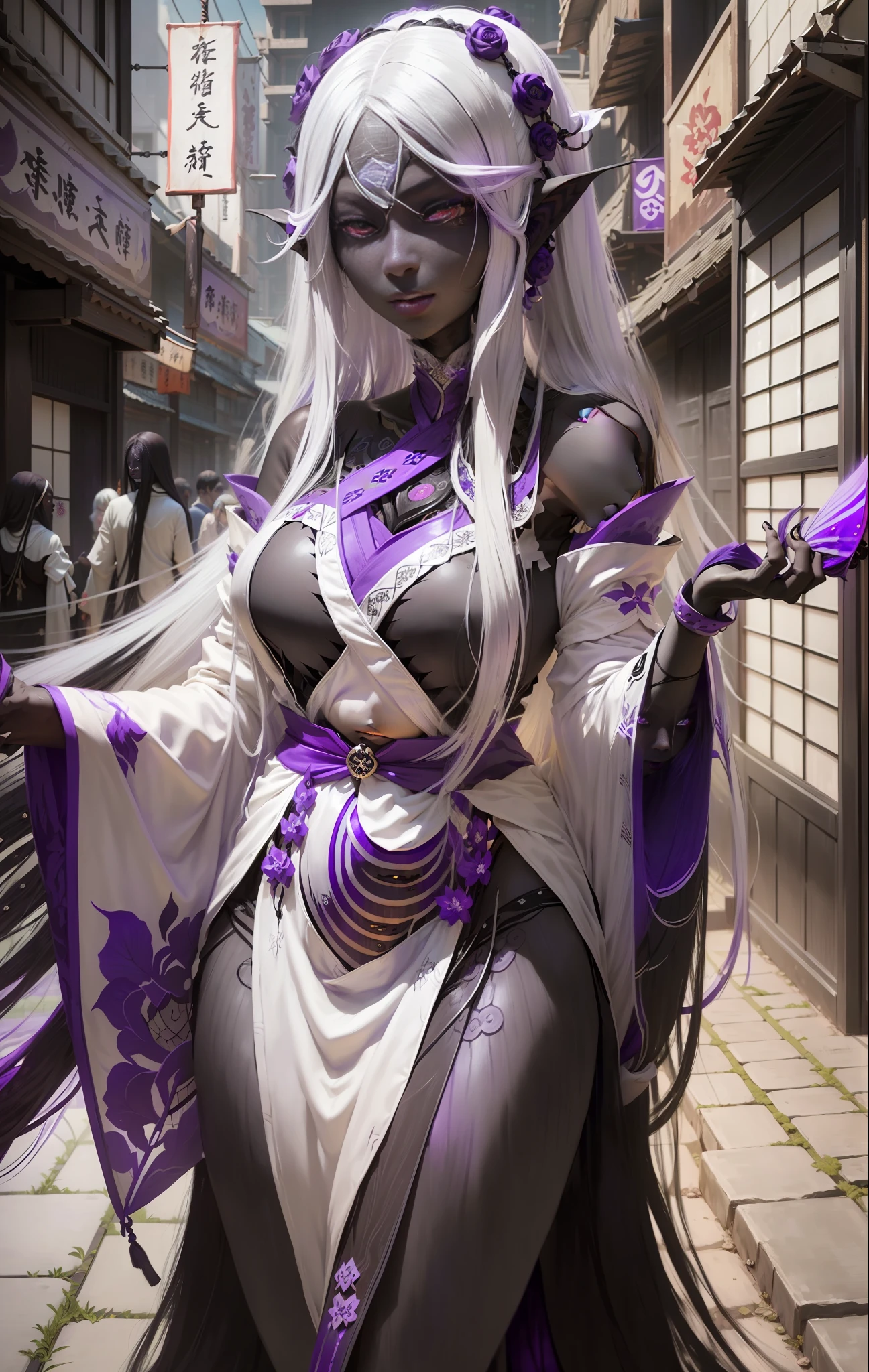 Young drow woman with long flowing white hair, (deep black skin:1.8), and (captivating deep violet eyes:1.6), dressed in traditional Japanese attire, gazing confidently at the viewer, amidst the hustle and bustle of a bustling feudal Japanese city.