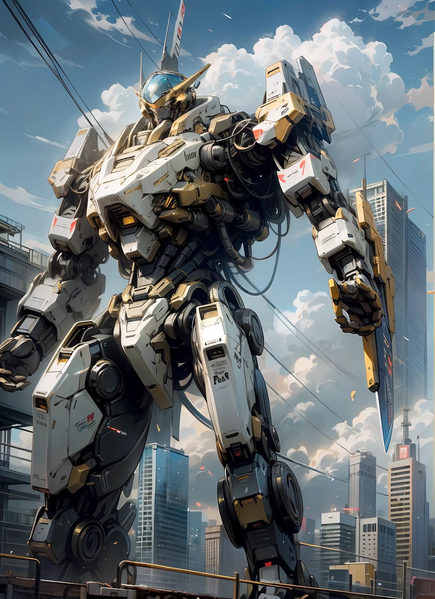 sky, cloud, holding_weapon, no_humans, glowing, , robot, building, glowing_eyes, mecha color Black,and gold, science_fiction, city, realistic,mecha - --auto --s2