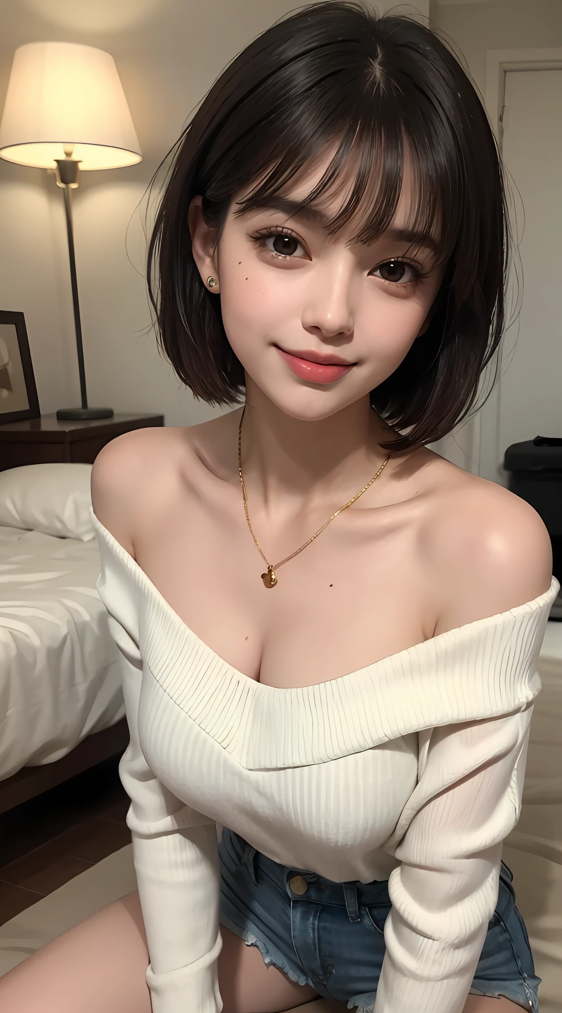 (top quality, 8k, masterpiece: 1.3), pretty woman with perfect figure: 1.4, dark brown hair, big, wearing pendants, torn shorts, sleeping in bedroom, very detailed face and skin, detailed eyes, double eyelids, top quality, masterpiece, (photorealistic: 1.4), one woman, golden ratio, high angle shot, upper eye care, low angle shot, perfect face, beautiful figure, cute face, face close-up, zoom in on face, short bob, short hair, smile from different angles, smile, gloss, highlight, gloss, glossy on skin, glossy on skin, wet skin, wet, bangs, cute smile, bust, off-shoulder, refreshing charm, elegant, perfect hands, smile from angle, smile, shiny, highlight, glossy skin, bangs, bust, big, Warm off-shoulder, refreshing charm, ears out, gaze to the camera, poses at different angles